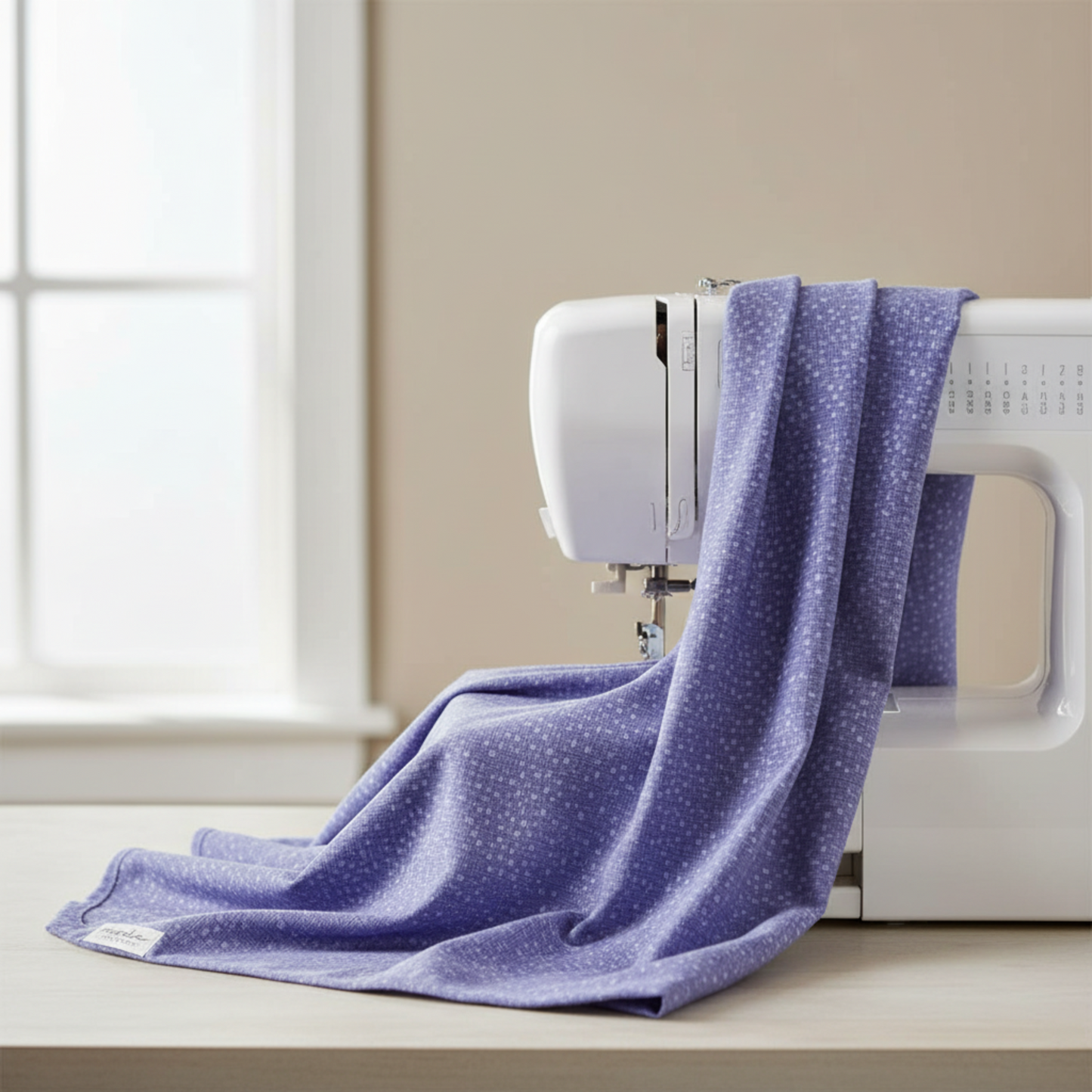 Dotty Thatched Periwinkle fabric by Robin Pickens for Moda Fabrics draped over a sewing machine with soft natural folds showing the dreamy periwinkle-blue ground with scattered tonal dots. Available at IraRobi Quilts.