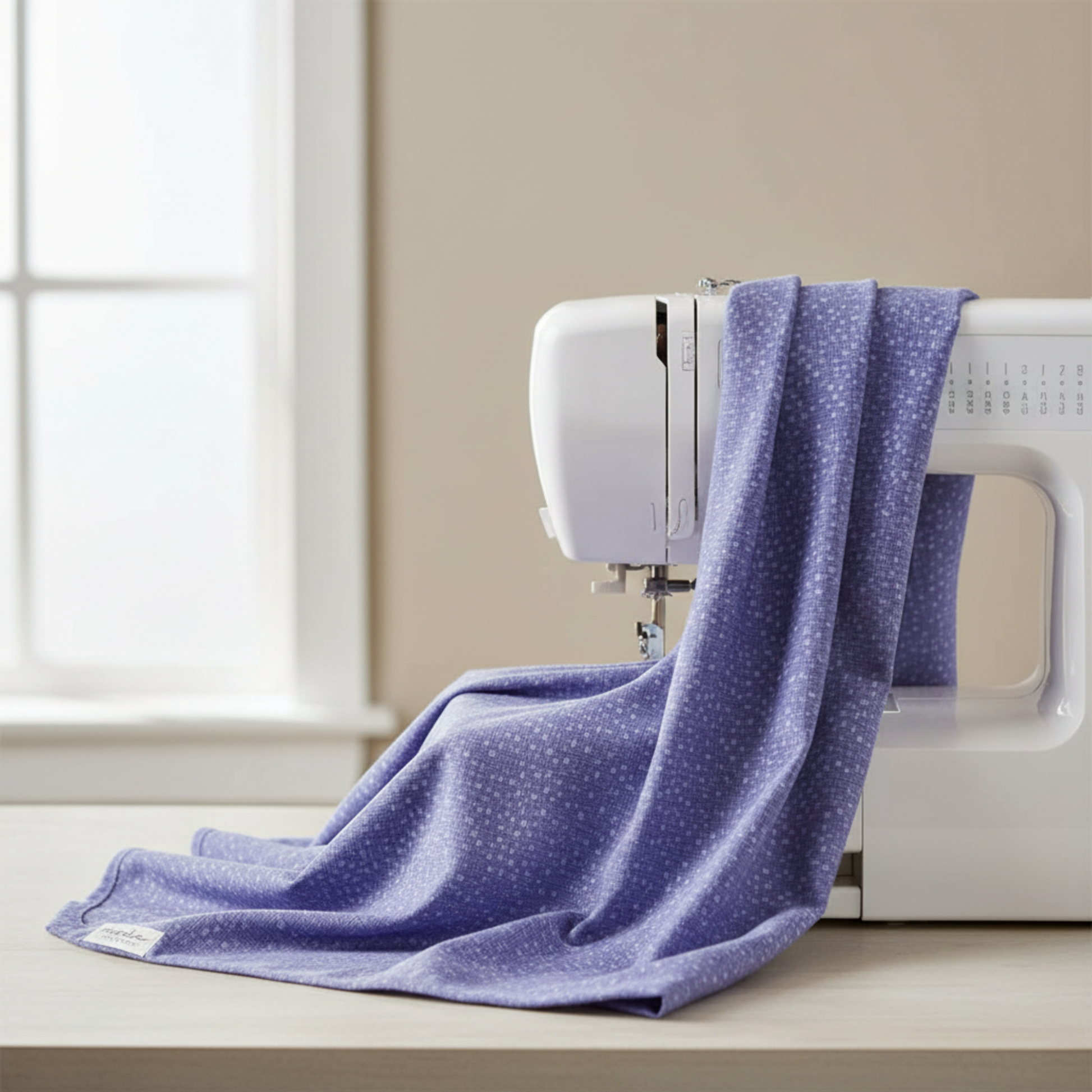 Dotty Thatched Periwinkle fabric by Robin Pickens for Moda Fabrics draped over a sewing machine with soft natural folds showing the dreamy periwinkle-blue ground with scattered tonal dots. Available at IraRobi Quilts.