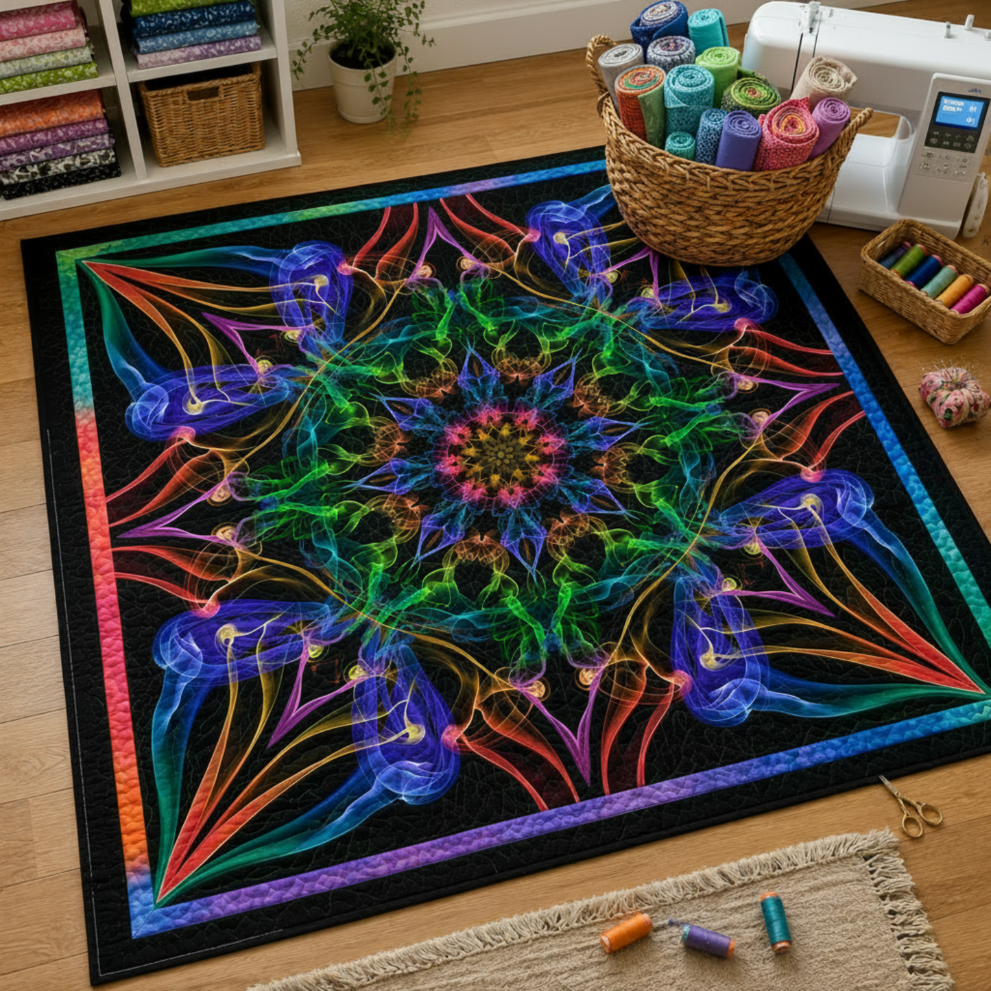 Dream Big Ethereality Paradise Quilt Panel by Jeanie Sumrall-Ajero for Hoffman Fabrics — 45"×45" vibrant kaleidoscope mandala in blue, green, pink, orange, and purple on black — displayed in a quilting studio with sewing machine, colorful thread spools, scissors, pin cushion, and wicker basket of fabric rolls