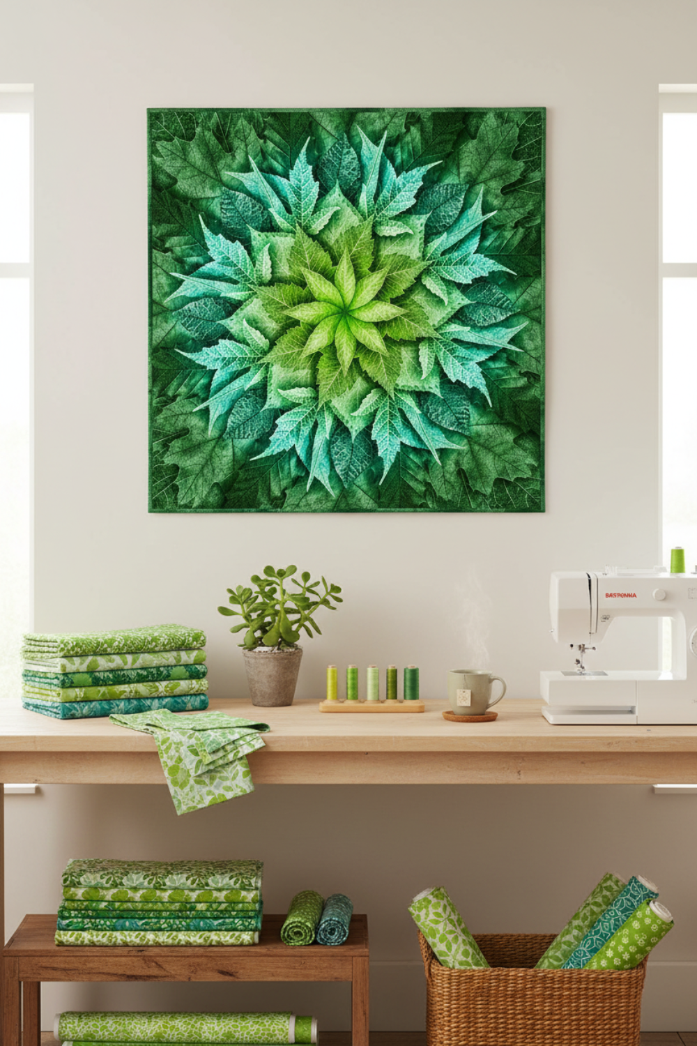 Dream Big Leaf Mint Quilt Panel by Jeanie Sumrall-Ajero for Hoffman Fabrics — hung as a wall quilt above a quilting workspace — mint, teal, and deep green leaf mandala — Janome sewing machine, stacked green fabrics, succulent, thread spools, and wicker basket below — available at IraRobi Quilts