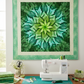 Dream Big Leaf Mint Quilt Panel with an Impressions Mint Dots fabric border displayed in a sewing studio; both fabrics available at IraRobi Quilts.