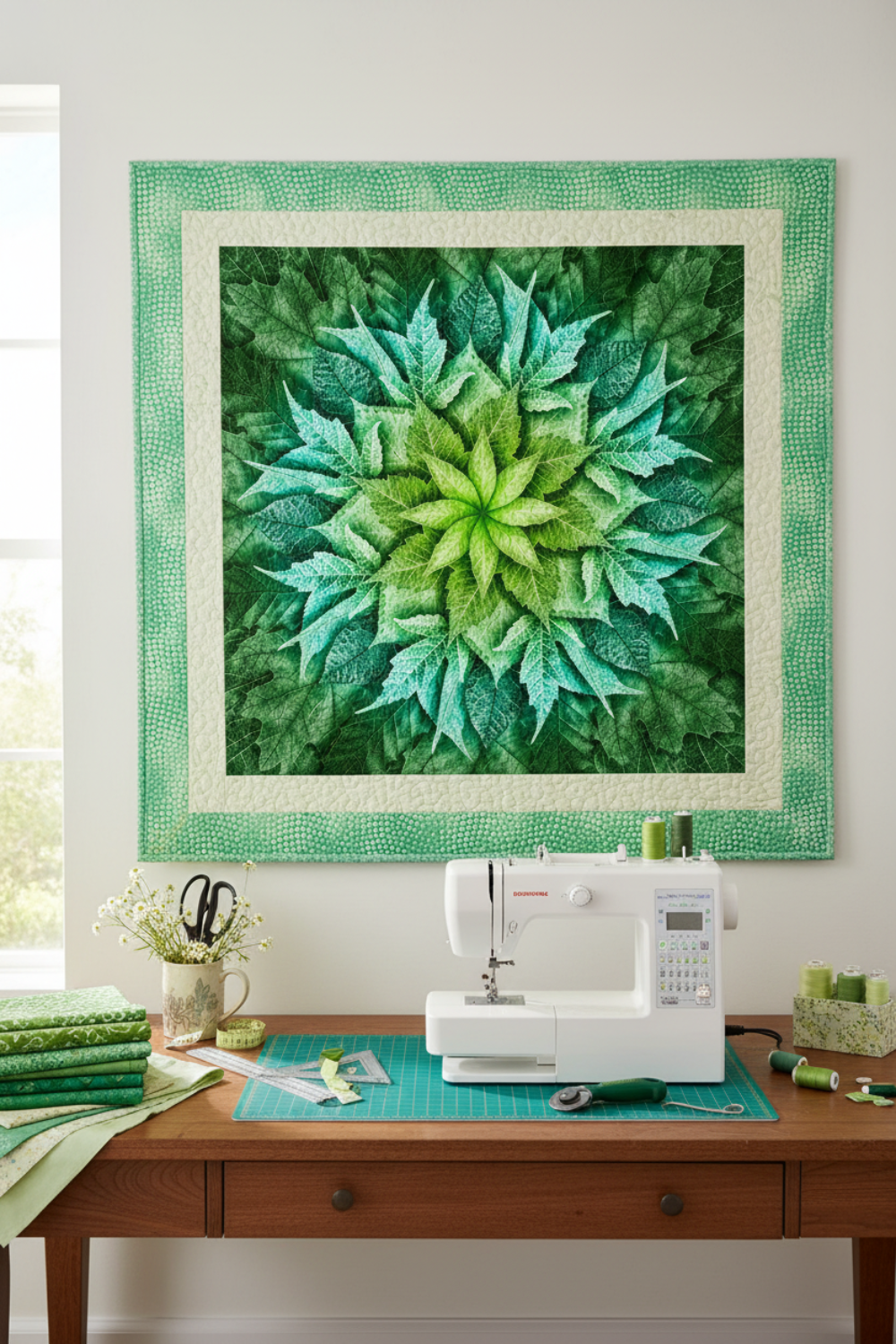 Dream Big Leaf Mint Quilt Panel with an Impressions Mint Dots fabric border displayed in a sewing studio; both fabrics available at IraRobi Quilts.