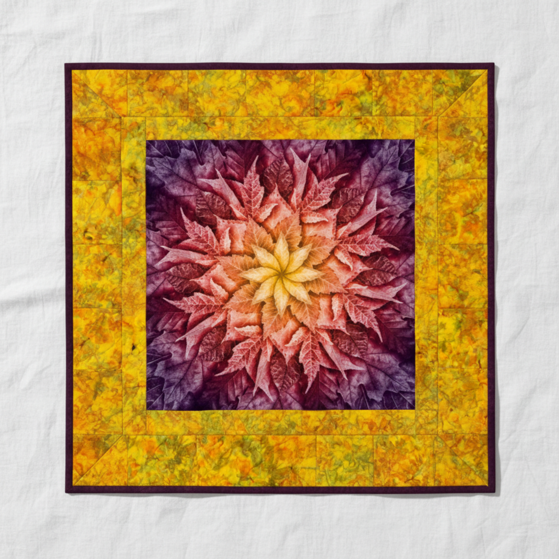 Medallion quilt featuring the Dream Big Leaf Mulberry panel by Jeanie Sumrall-Ajero for Hoffman Fabrics as the center – leaf mandala radiating from a glowing golden yellow center through warm peach-orange to rich pink and deep purple-plum outer leaves, surrounded by a scrappy pieced border of Expressions Batiks Hand-Dyes Yellow Orange Multi III by Riley Blake Designs in golden yellow, warm orange, chartreuse green, olive, and amber, finished with a deep plum binding. Quilt blocks shown for inspiration. Coor