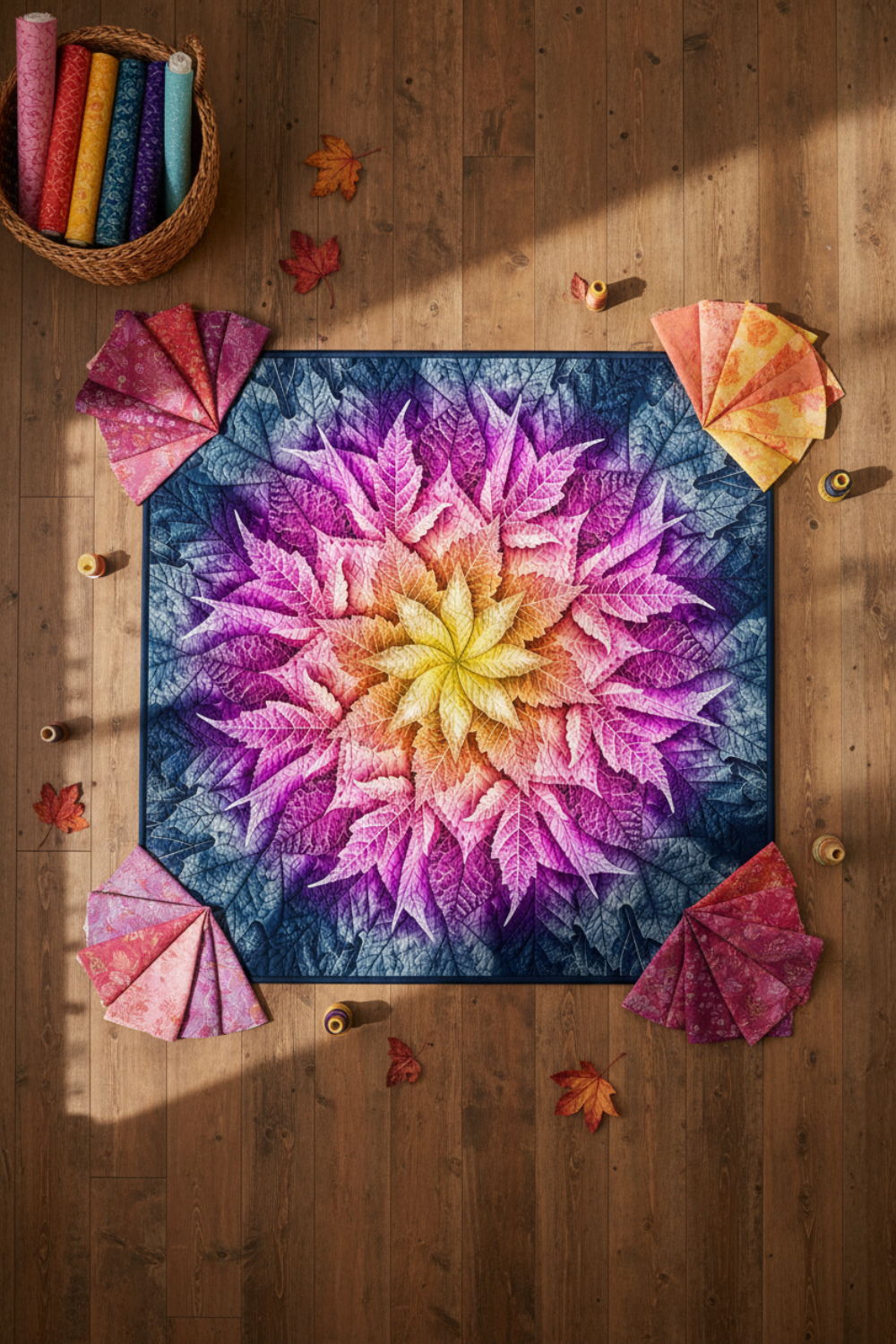 Dream Big Leaf Paradise Quilt Panel by Jeanie Sumrall-Ajero for Hoffman Fabrics — overhead flat lay on warm wood floor — pink, purple, orange, and yellow leaf mandala on navy — surrounded by fanned fat quarters at corners, wicker basket with fabric rolls, autumn leaves, and wooden thread bobbins — available at IraRobi Quilts