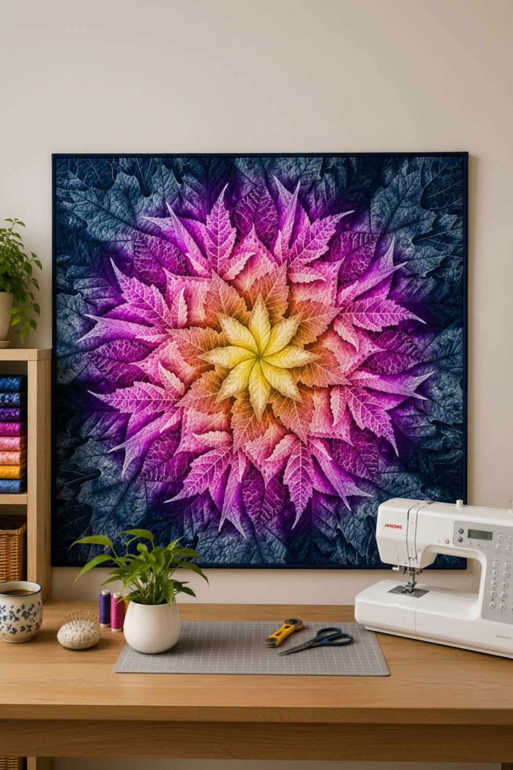 Dream Big Leaf Paradise Quilt Panel by Jeanie Sumrall-Ajero for Hoffman Fabrics — hung as a wall quilt in a quilting studio — vibrant pink, purple, orange, and yellow leaf mandala on navy — Janome sewing machine, stacked colorful fabrics, thread spools, pin cushion, and mug below — available at IraRobi Quilts