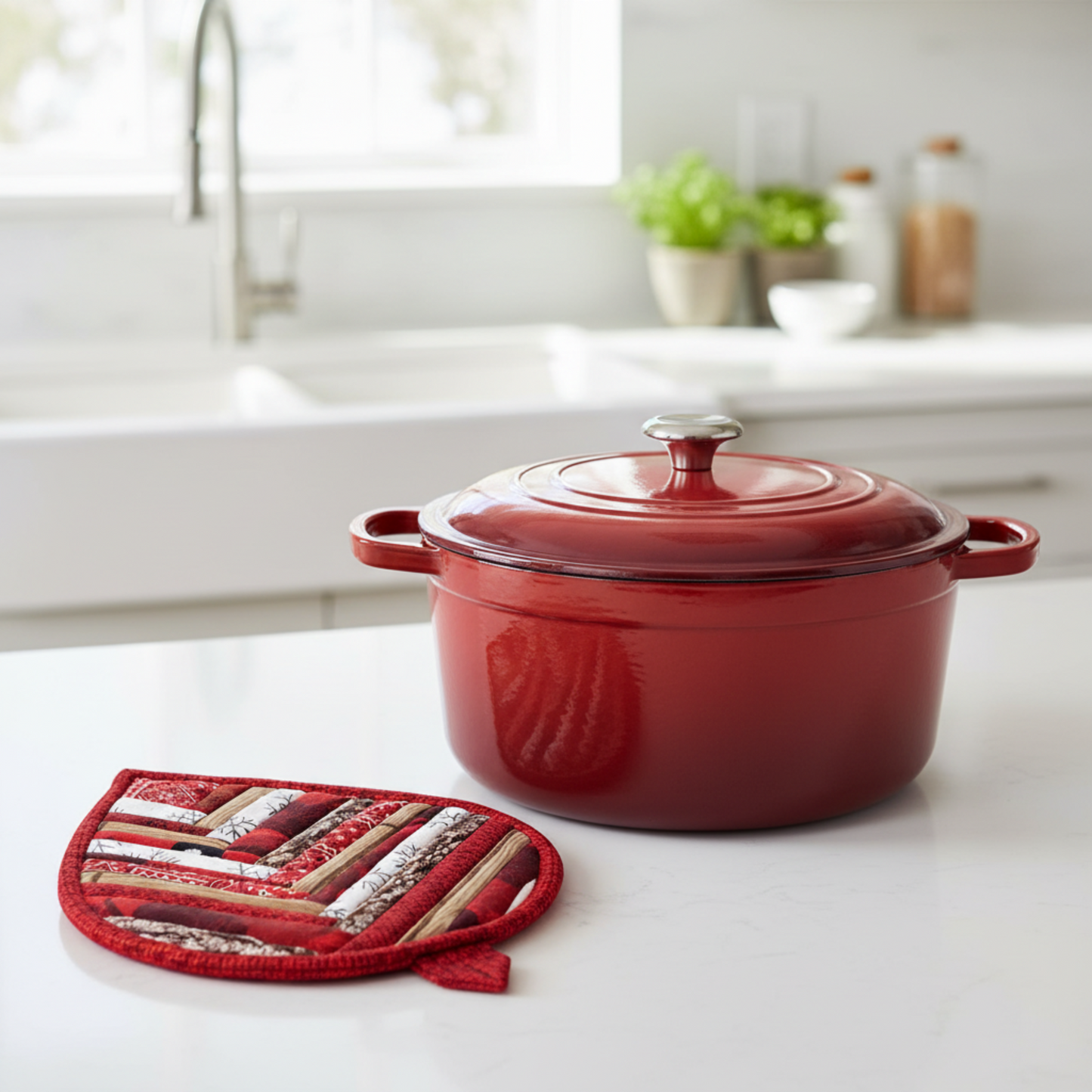 Leaf-Shaped Quilted Hot Pad in Christmas Red beside a red Dutch oven | Handmade kitchen gift from IraRobi Quilts