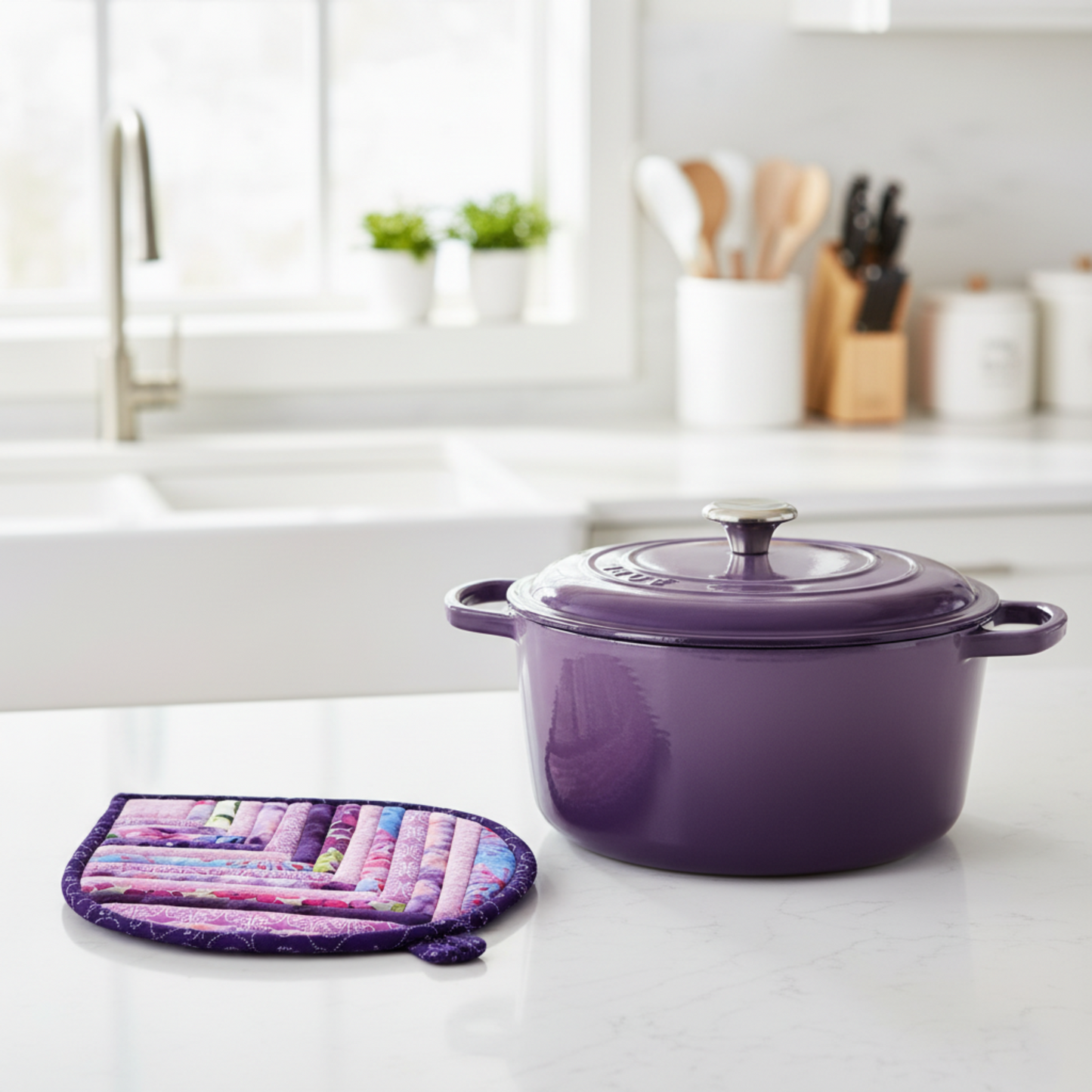 Leaf-Shaped Quilted Hot Pad – Lavender Garden beside a purple Dutch oven | Handmade kitchen gift from IraRobi Quilts