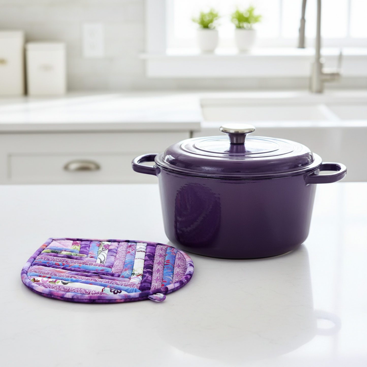 Leaf-Shaped Quilted Hot Pad – Purple Garden beside a purple Dutch oven | Handmade kitchen gift from IraRobi Quilts
