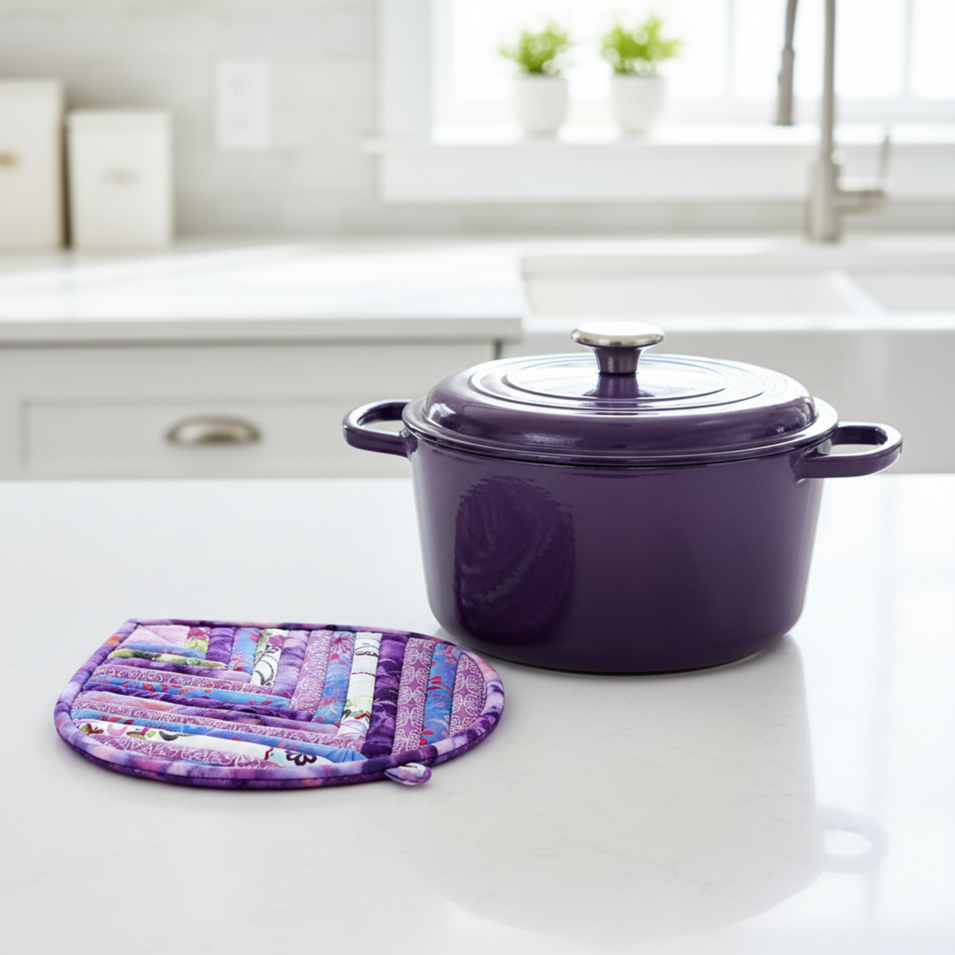 Leaf-Shaped Quilted Hot Pad – Purple Garden beside a purple Dutch oven | Handmade kitchen gift from IraRobi Quilts