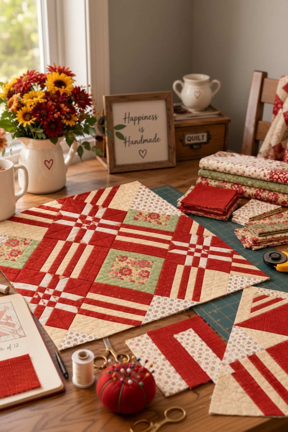 Interwoven Tomato Fabric by Jason Yenter for In The Beginning Fabrics featured as lattice strips and sashing in Echo Effects quilt blocks laid out on a cutting mat on a wooden sewing table — additional cut blocks and folded fabric stacks alongside rotary cutter, scissors, thread, pin cushion, and quilt pattern notebook. White pitcher with sunflowers and "Happiness is Handmade" sign in the background. Quilts shown for inspiration feature the Echo Effects Quilt Pattern — available at IraRobi Quilts.