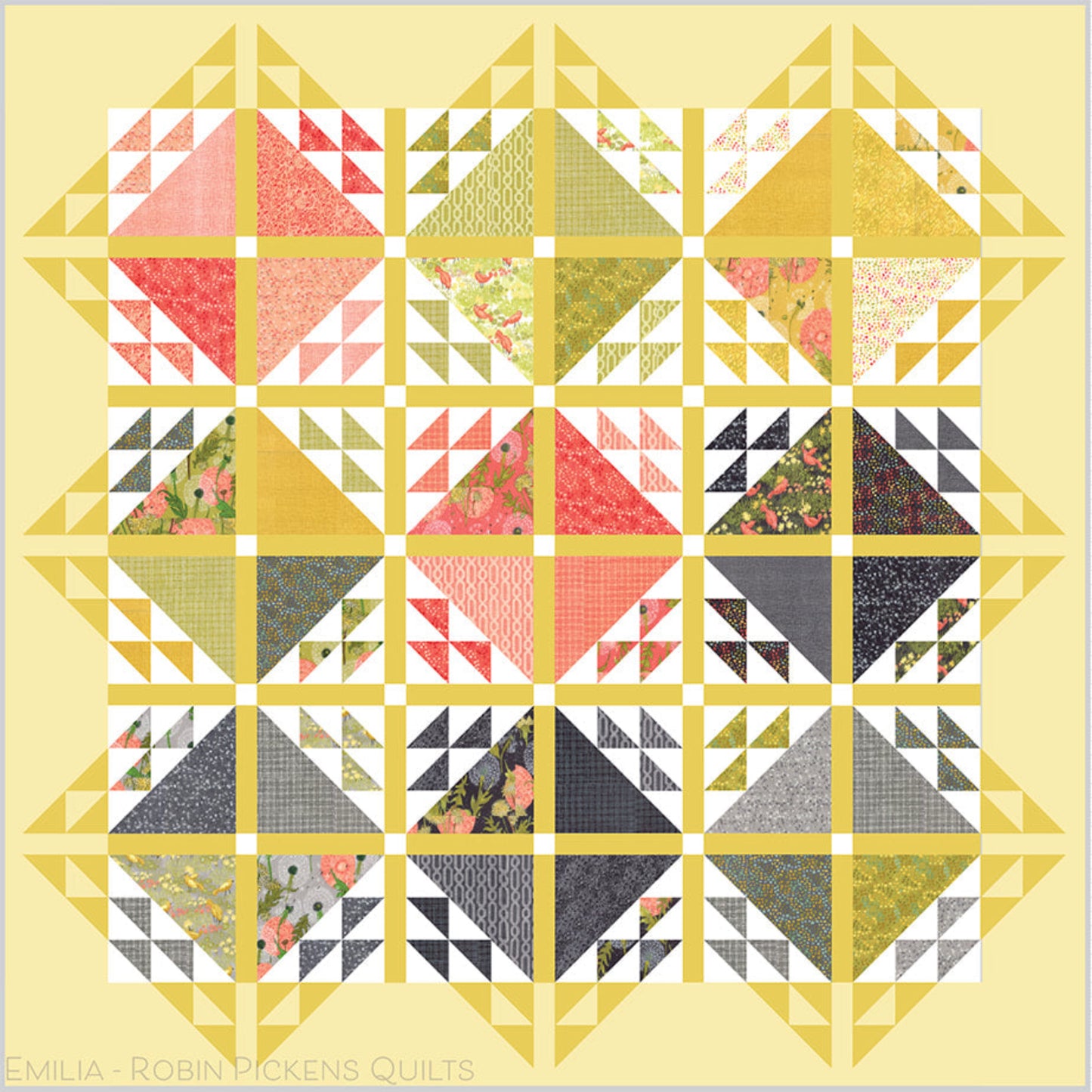 Emilia quilt pattern by Robin Pickens on a soft yellow background, featuring coral, green, and floral triangle blocks with a coordinating yellow half-square triangle border