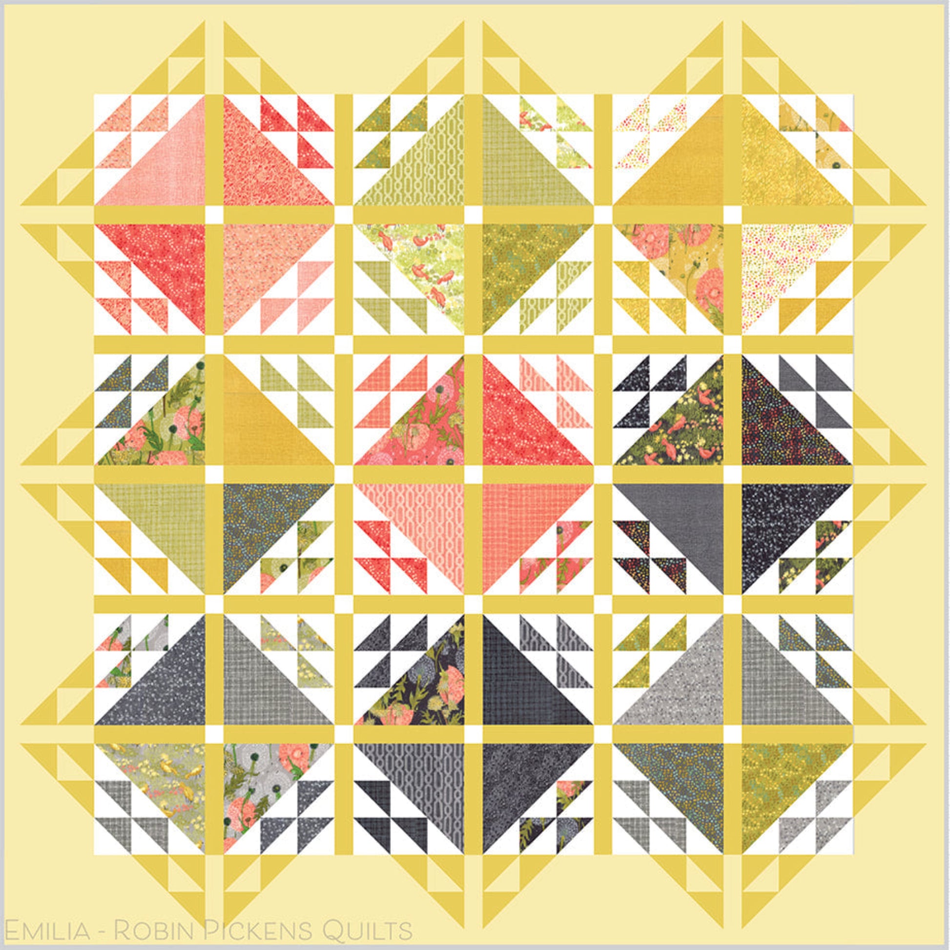 Emilia quilt pattern by Robin Pickens on a soft yellow background, featuring coral, green, and floral triangle blocks with a coordinating yellow half-square triangle border