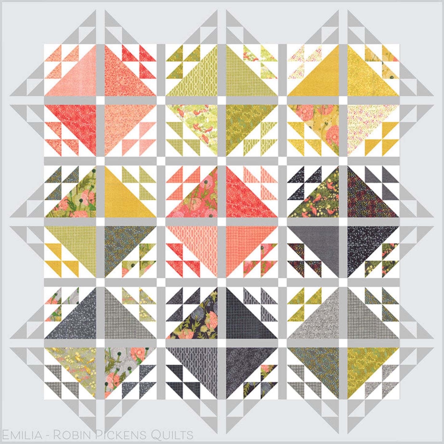 Emilia quilt pattern by Robin Pickens on a light gray background, showcasing coral, green, gold, and floral triangle blocks with a lacy half-square triangle border