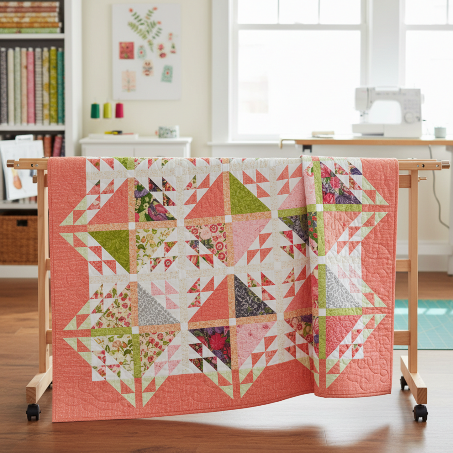 Dotty Thatched Carnation quilting cotton by Robin Pickens for Moda Fabrics — shown in the Emilia Quilt Pattern by Robin Pickens displayed on a quilt rack in a bright quilting studio with coordinating Superbloom florals in pinks, greens, and creams. Quilts shown for inspiration feature the Emilia Quilt Pattern by Robin Pickens — available at IraRobi Quilts.