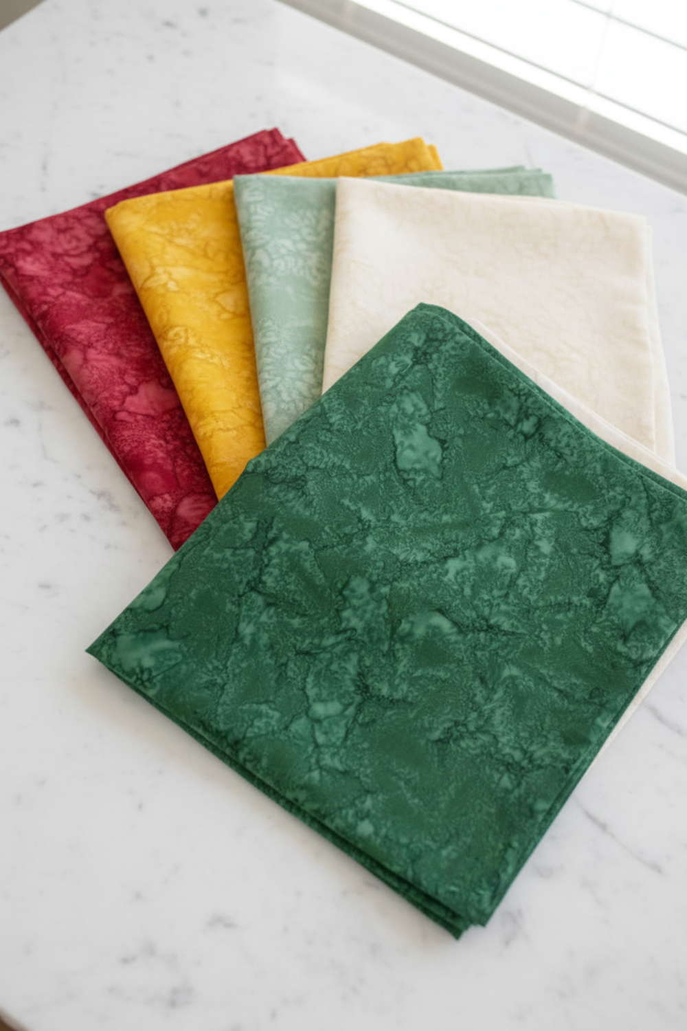 Expressions Batiks Hand-Dyes Evergreen fabric by Riley Blake Designs folded on a white marble surface with coordinating tonal batik swatches in warm red, golden yellow, soft sage, and cream nearby – rich deep forest green hand-dyed batik with organic mottled texture, a versatile tonal blender perfect for nature-inspired and jewel-tone quilts, 100% cotton batik