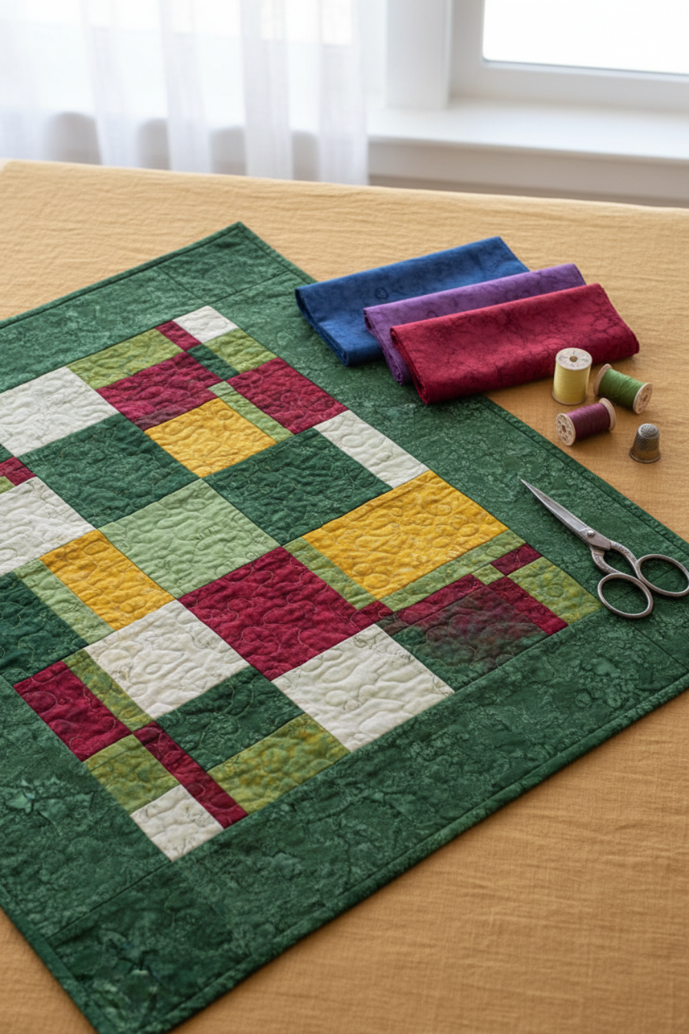 Nature-inspired jewel-tone quilt flat lay featuring Expressions Batiks Hand-Dyes Evergreen by Riley Blake Designs as the background fabric – rich deep forest green hand-dyed batik with organic mottled texture in pieced blocks with coordinating warm red, golden yellow, soft sage, and cream tonal batiks, folded fabric swatches on a warm linen surface