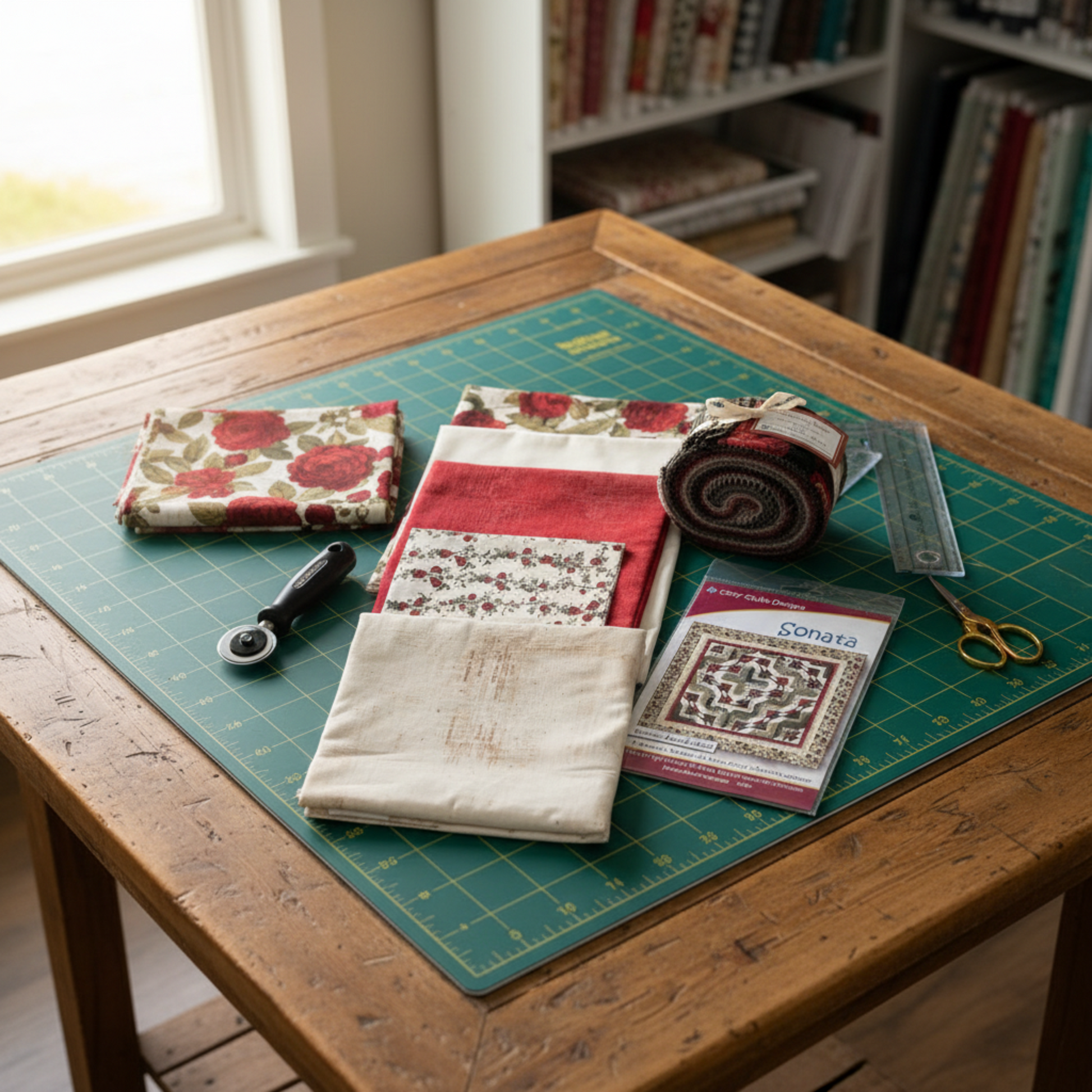 Everlasting Rose Quilt Top Kit contents spread on a quilting cutting mat – folded cotton fabrics, jelly roll strip roll, Sonata pattern packet, rotary cutter, ruler and scissors in a cozy quilting studio