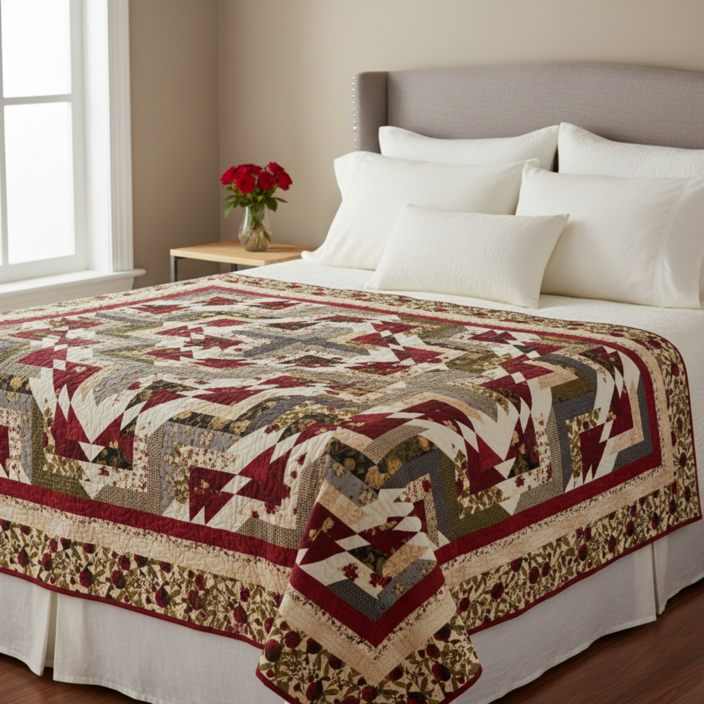Sonata quilt pattern in Everlasting Rose fabrics by Iron Orchid Designs draped across a neatly made bed with white pillows and red roses – crimson, cream, sage green and burgundy medallion design
