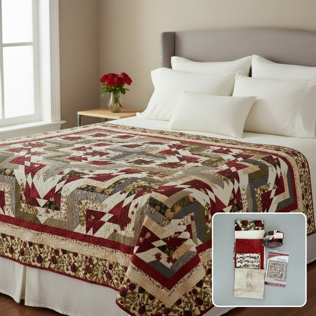 Finished Sonata medallion quilt in crimson, cream and burgundy Everlasting Rose fabrics spread across a white bed with red roses on nightstand; inset shows kit contents including fabrics, jelly roll and pattern