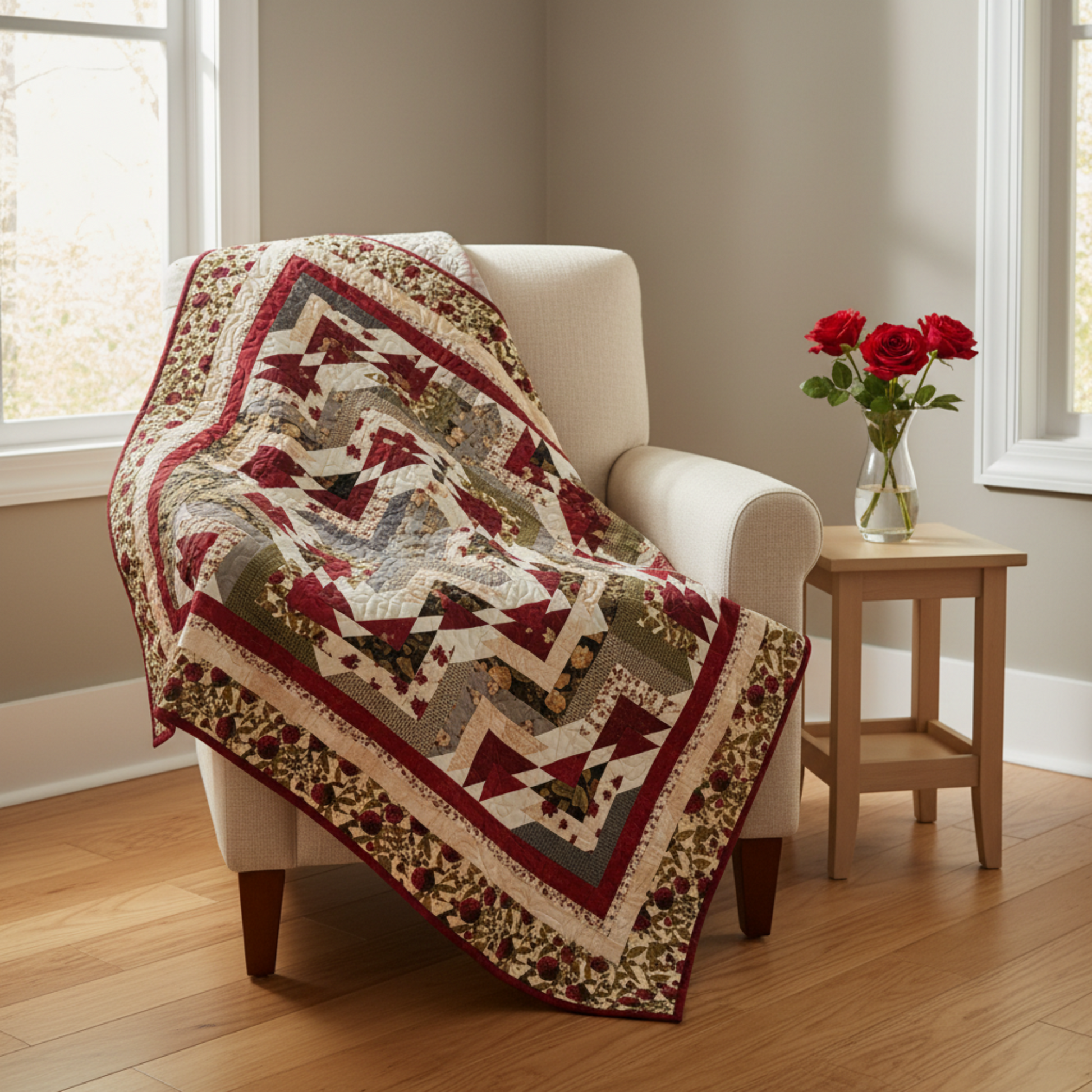 Finished Sonata quilt in Everlasting Rose fabrics draped over a cream armchair with red roses on side table – cozy home setting showing crimson, sage green and cream medallion design