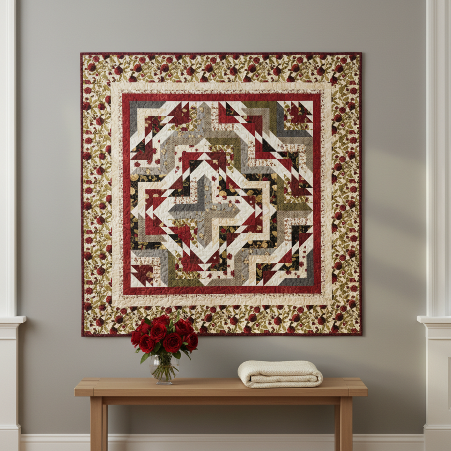 Everlasting Rose Sonata quilt hung on a neutral grey wall above a wooden console table with red roses and folded cream throw – full medallion design in crimson, cream and burgundy