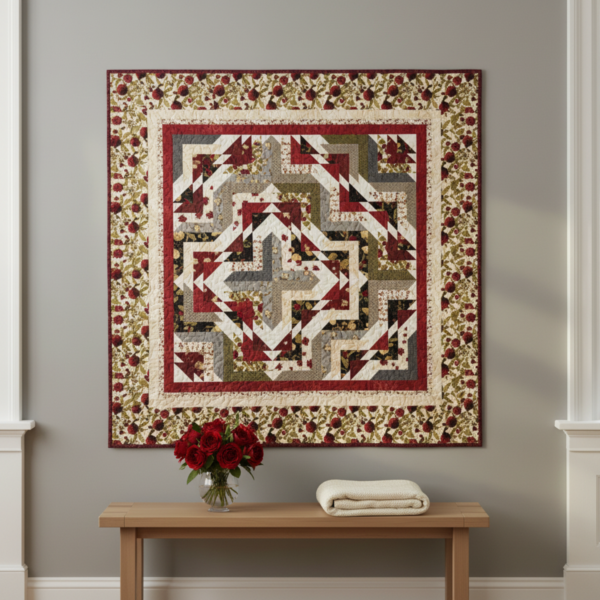 Everlasting Rose Sonata quilt hung on a neutral grey wall above a wooden console table with red roses and folded cream throw – full medallion design in crimson, cream and burgundy