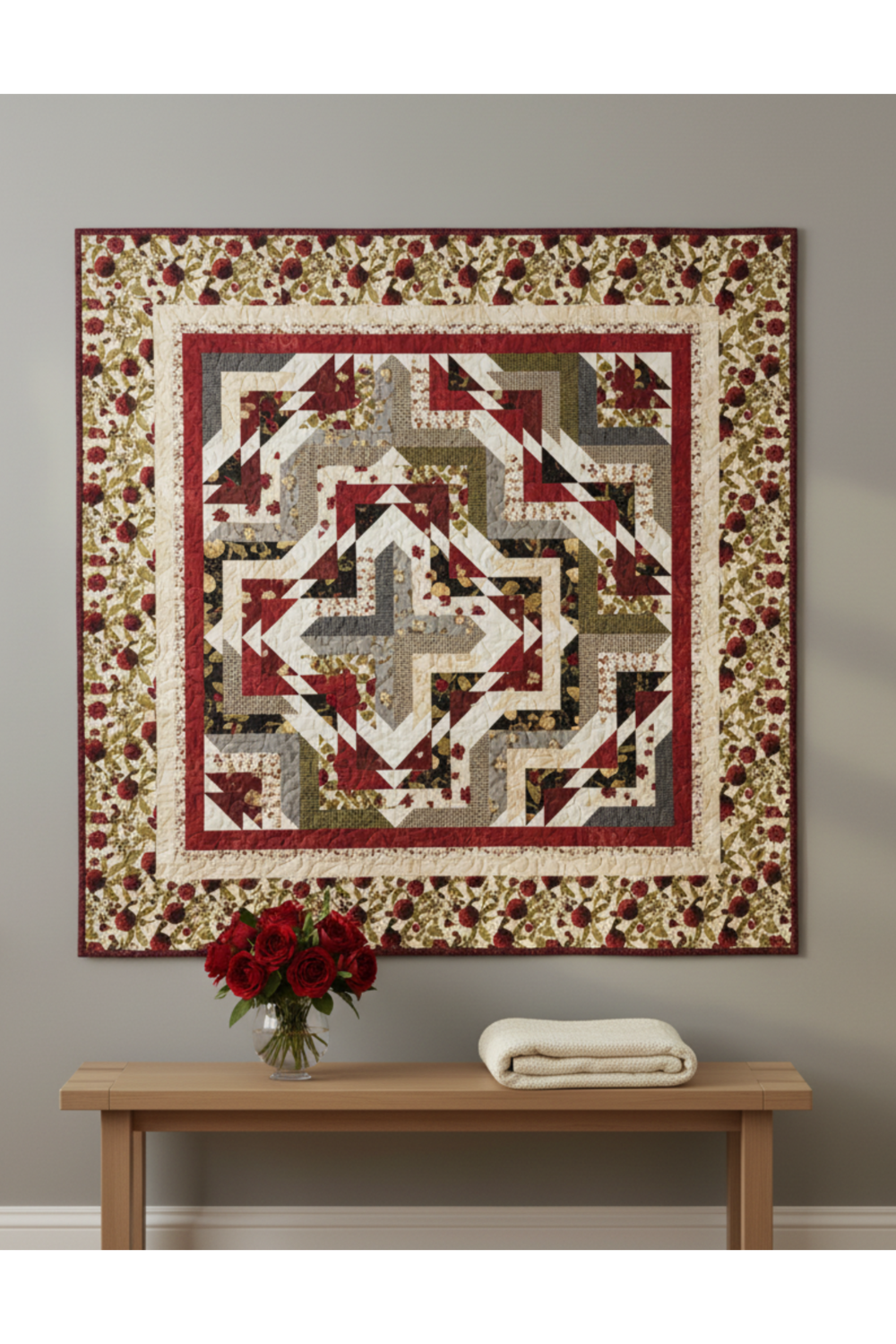 Everlasting Rose Sonata quilt hung on a grey wall above a wooden console table with red roses – stunning crimson, cream and sage green medallion quilt made from the Everlasting Rose Quilt Top Kit by Nancy's Notions featuring Cozy Quilt Designs Sonata pattern. #QuiltKit #EverlastingRose #SonataQuilt #ModernQuilting #QuiltInspiration