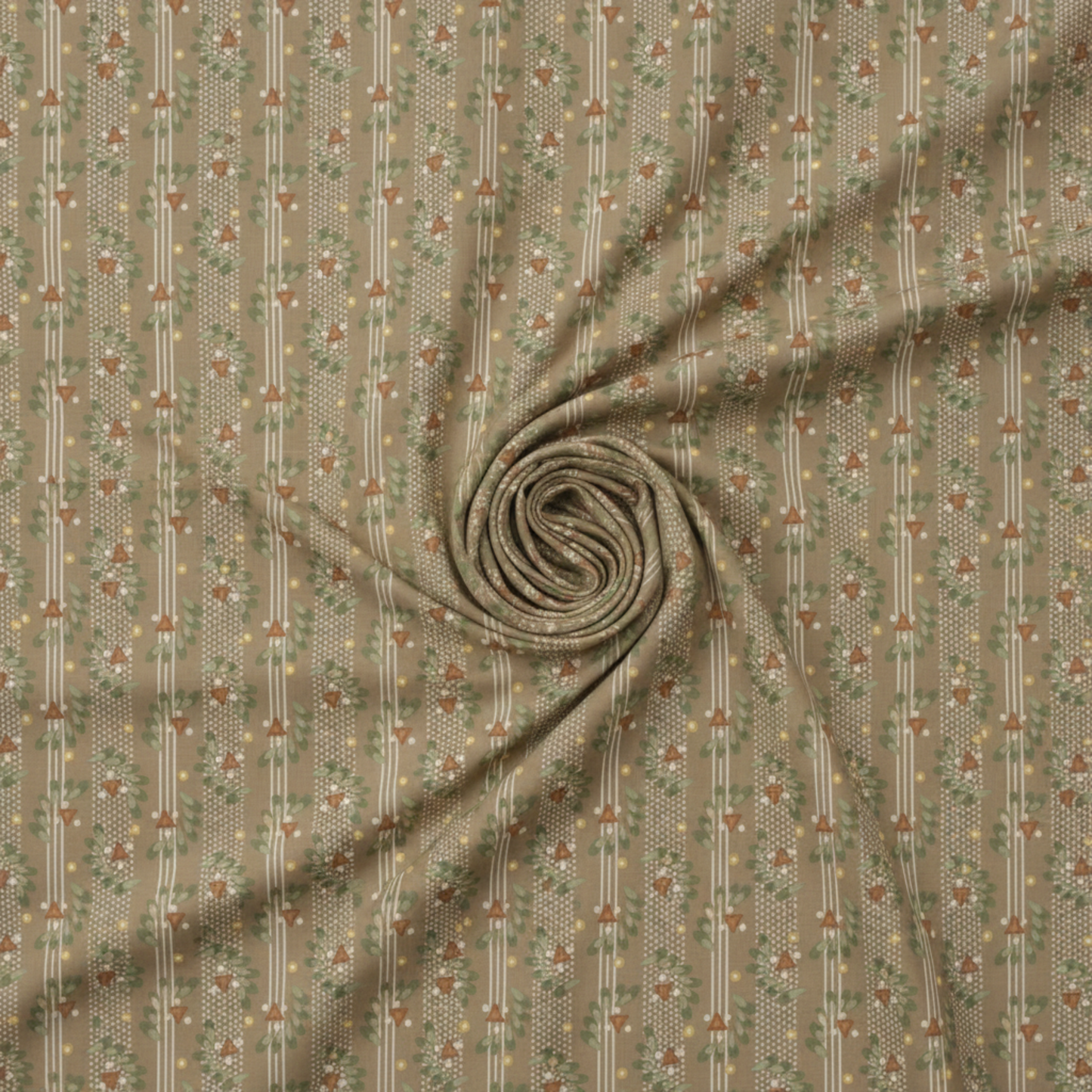 Front Porch Railings Taupe quilting cotton by Dolores Smith for Marcus Fabrics — fabric swirled into a spiral pinwheel showing softness and drape, taupe-brown ground with sage green leaf garland and rust tulip stripe print