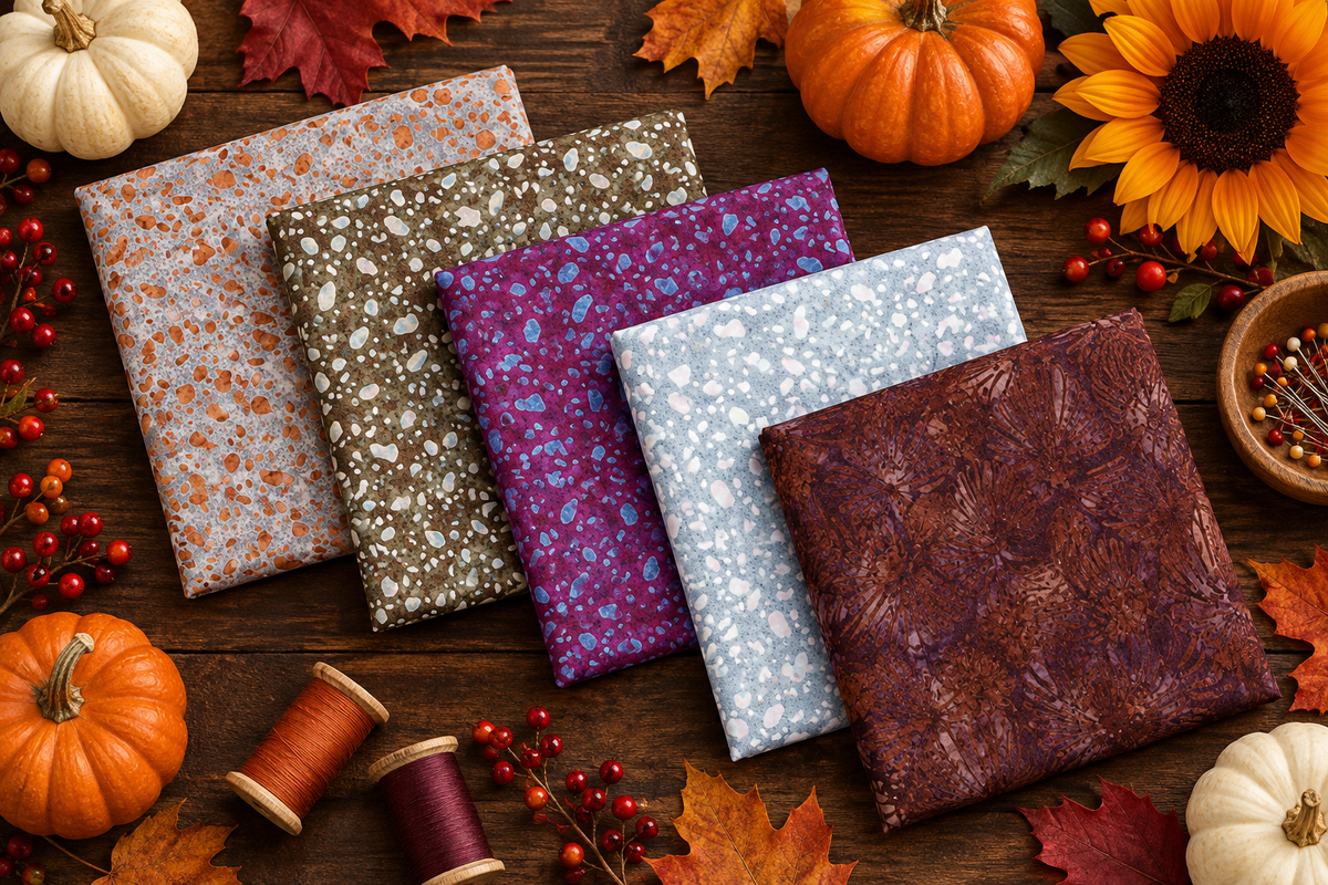 Fall flat lay scene one: Coastal Path, Khaki, Terrazzo Mahogany, Terrazzo Powdered Pearl, and Poppy Seeds Raisin fabrics with pumpkins, a sunflower, autumn leaves, berries, and thread spools