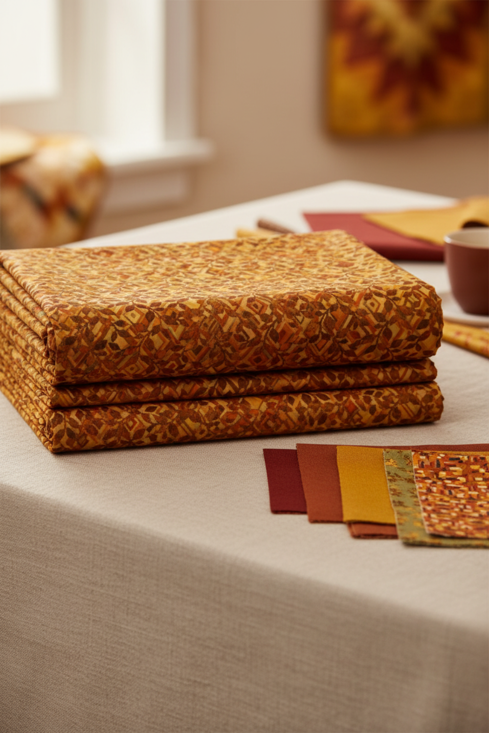 Falling Leaves Multi Diamond Leaves fabric by Jason Yenter for In The Beginning Fabrics folded on a linen surface – dark brown leaf sprigs cascading over diamond geometric grid in rich burnt orange, amber, and golden autumn tones, perfect for cozy fall quilt projects, 100% cotton, 3 yard cut