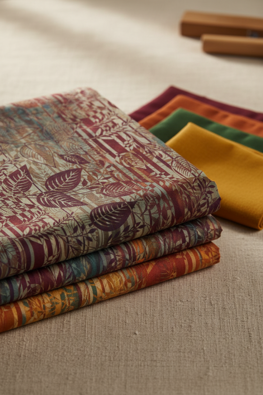 Falling Leaves Multi Leaf Stripe fabric by Jason Yenter for In The Beginning Fabrics folded on a linen surface – dramatic botanical leaf silhouettes and fern fronds over vertical stripe geometric background in jewel tones of burgundy, plum, purple, and teal, perfect for bold autumn quilt projects, 100% cotton, 3 yard cut