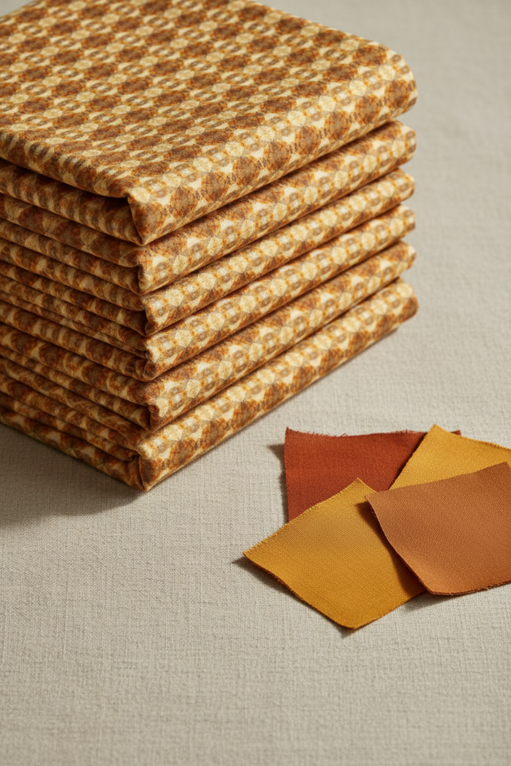 Falling Leaves Multi Prism fabric by Jason Yenter for In The Beginning Fabrics folded on a linen surface – allover geometric kaleidoscope prism pattern in warm golden amber and caramel tones, perfect for cozy autumn quilt projects, 100% cotton, 3 yard cut