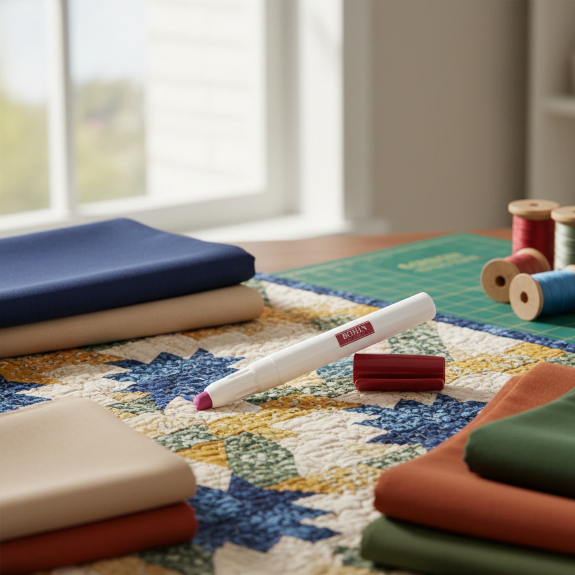 Bohin fabric glue pen on finished quilt top with quilting supplies and cotton fabrics