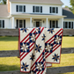 Fifty Nifty patriotic quilt pattern by Lisa Lund for Shadow Valley Quilts — Lone Star blocks in navy, tan, and cream on diagonal red and cream striped sashing — advanced beginner — 5 sizes from table runner to queen — perfect for 4th of July and patriotic quilts — #FiftyNiftyQuilt