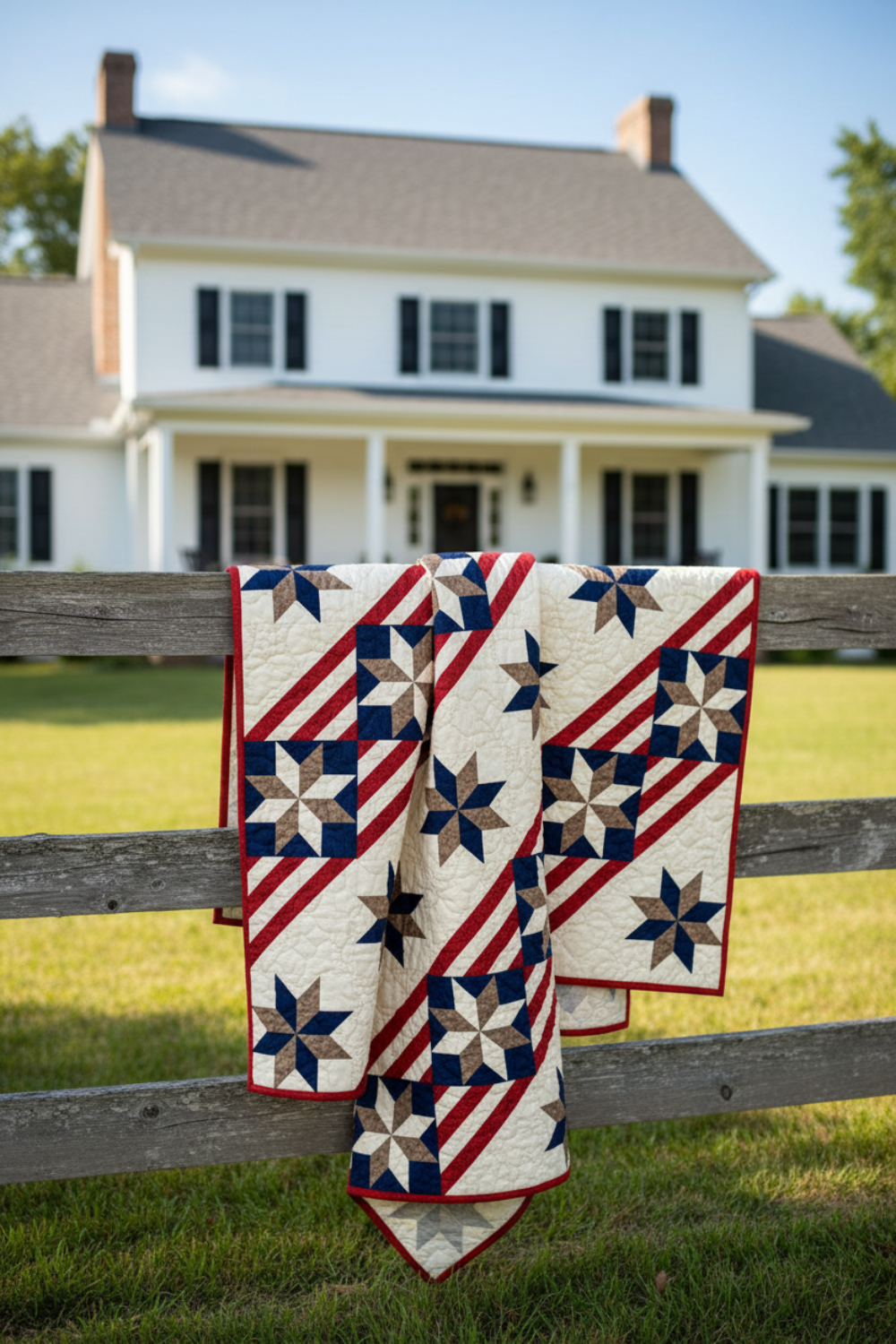 Fifty Nifty patriotic quilt pattern by Lisa Lund for Shadow Valley Quilts — Lone Star blocks in navy, tan, and cream on diagonal red and cream striped sashing — advanced beginner — 5 sizes from table runner to queen — perfect for 4th of July and patriotic quilts — #FiftyNiftyQuilt