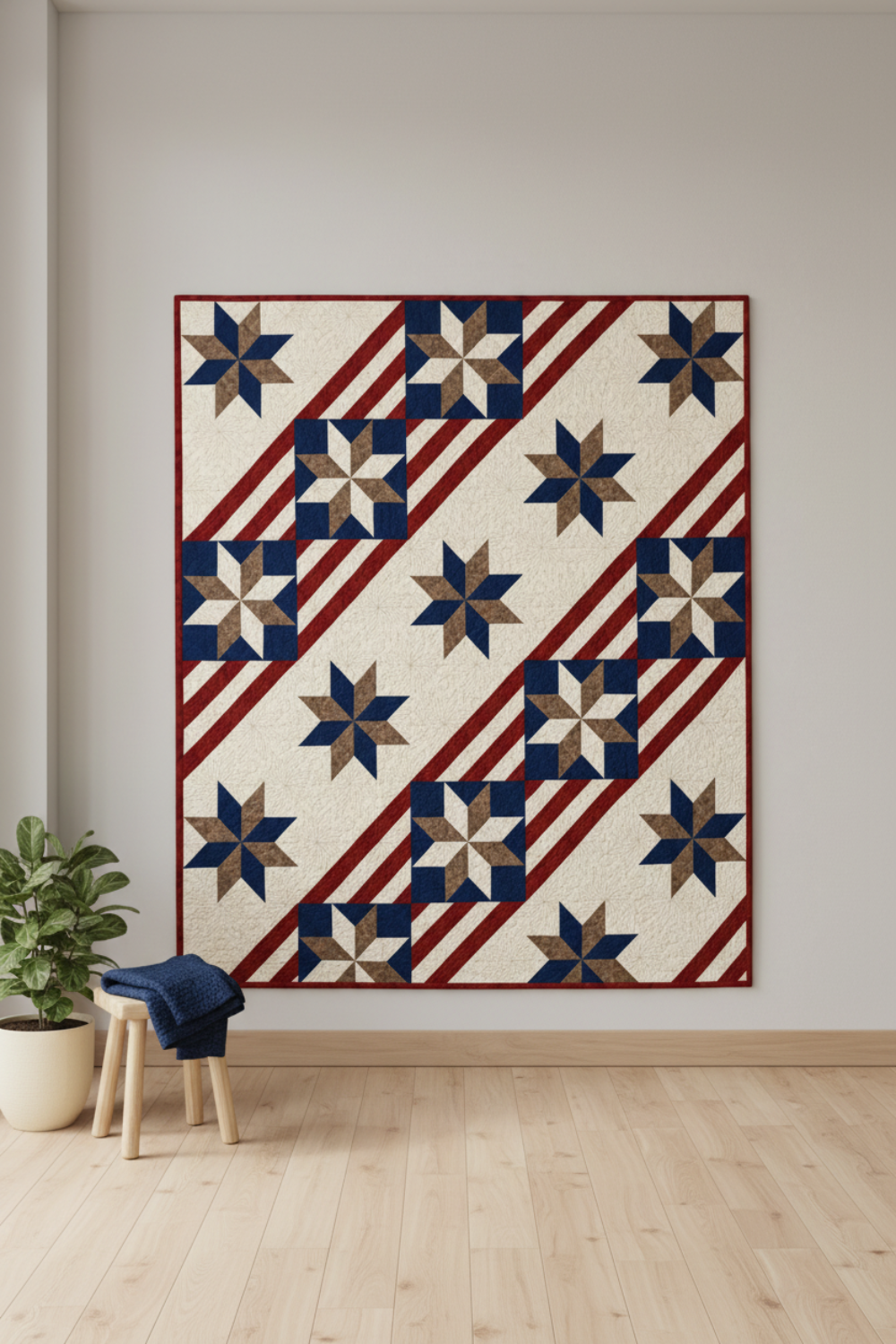 Quilt shown for inspiration features the Fifty Nifty Quilt Pattern by Shadow Valley Quilts made with Thatched Navy fabric by Robin Pickens for Moda Fabrics — patriotic navy eight-pointed star blocks with bold red diagonal stripe sashing on a cream background, displayed in a modern quilting studio. Coordinating fabrics and quilt patterns available at IraRobi Quilts.