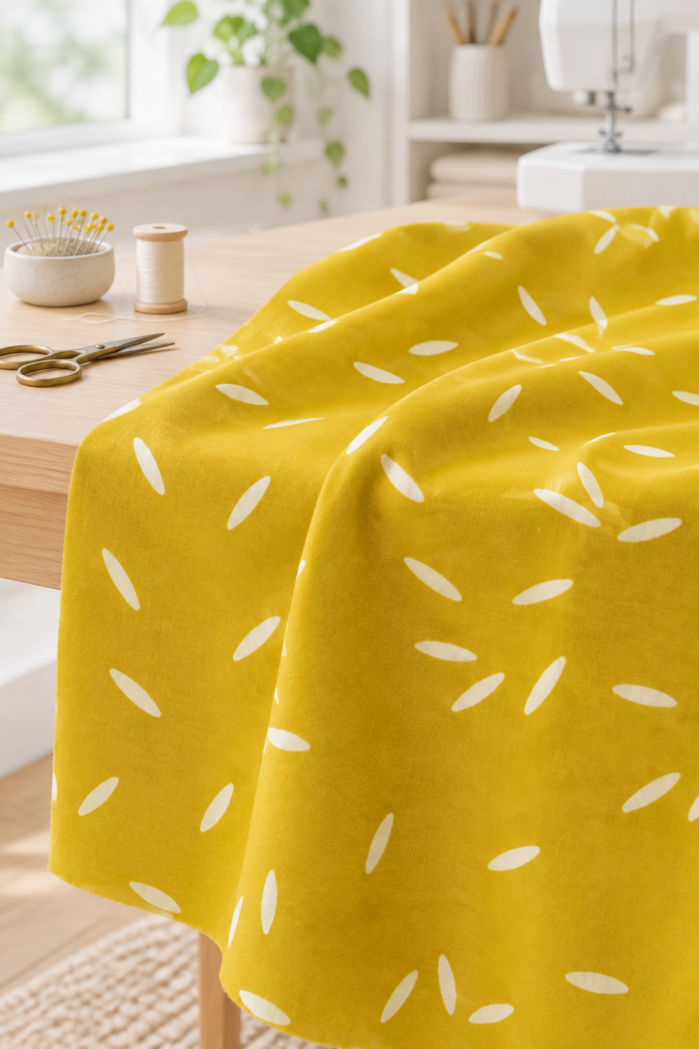 Filigree Rice Saffron fabric by Zen Chic for Moda Fabrics draped over a wooden sewing table in a bright studio with pins, thread, and scissors. Available at IraRobi Quilts.