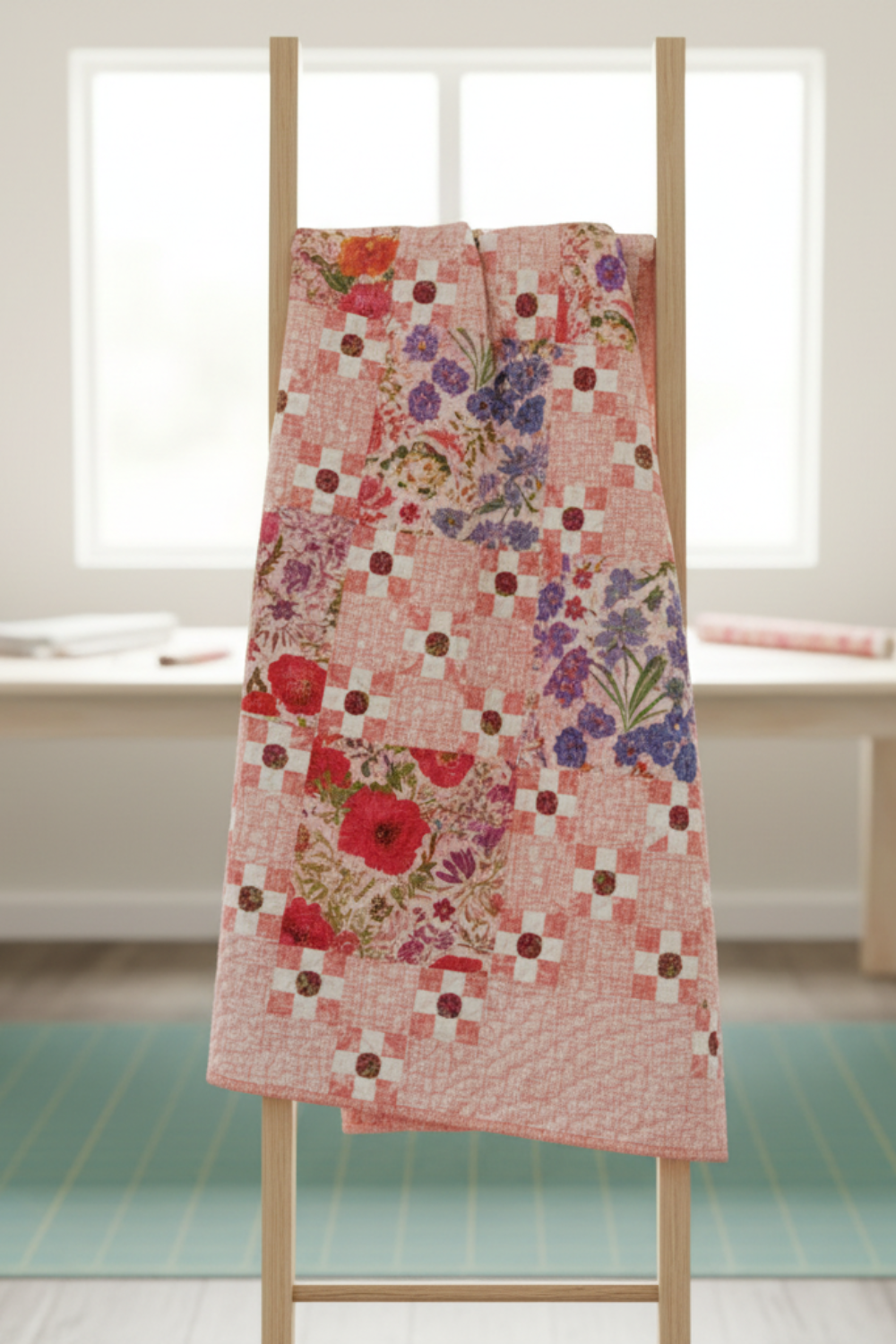 Dotty Thatched Carnation quilting cotton by Robin Pickens for Moda Fabrics — shown in the Fiona's Daisy Chain Quilt Pattern by Robin Pickens draped on a wooden ladder in a bright quilting studio with coordinating Superbloom florals in pinks, purples, and reds. Quilts shown for inspiration feature the Fiona's Daisy Chain Quilt Pattern by Robin Pickens — available at IraRobi Quilts.