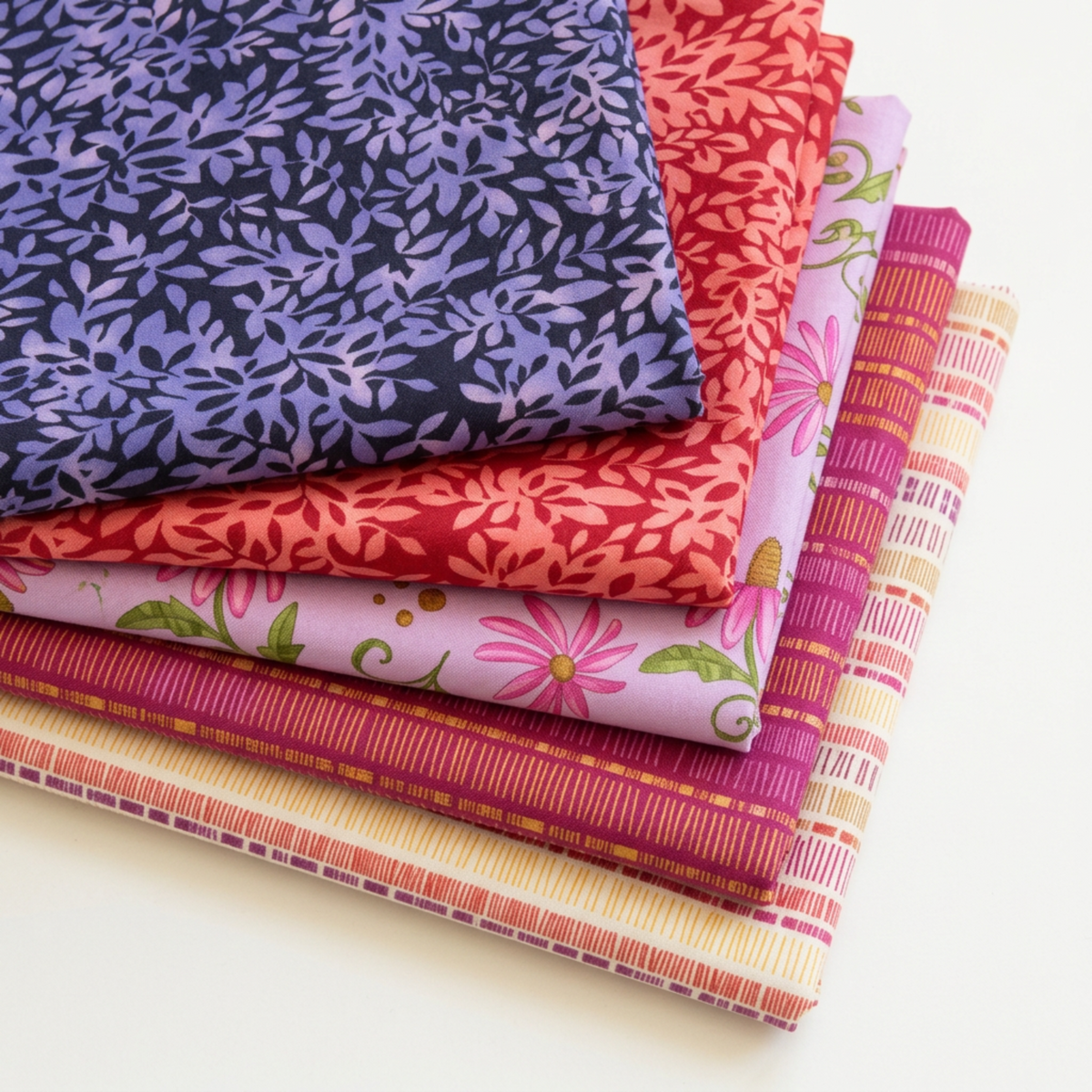 Stack of five coordinating Superbloom fabrics by Robin Pickens for Moda Fabrics: Leafy Indigo, Leafy Geranium, Daisyish Freesia, and Scribble Stripe in Orchid and Cream.