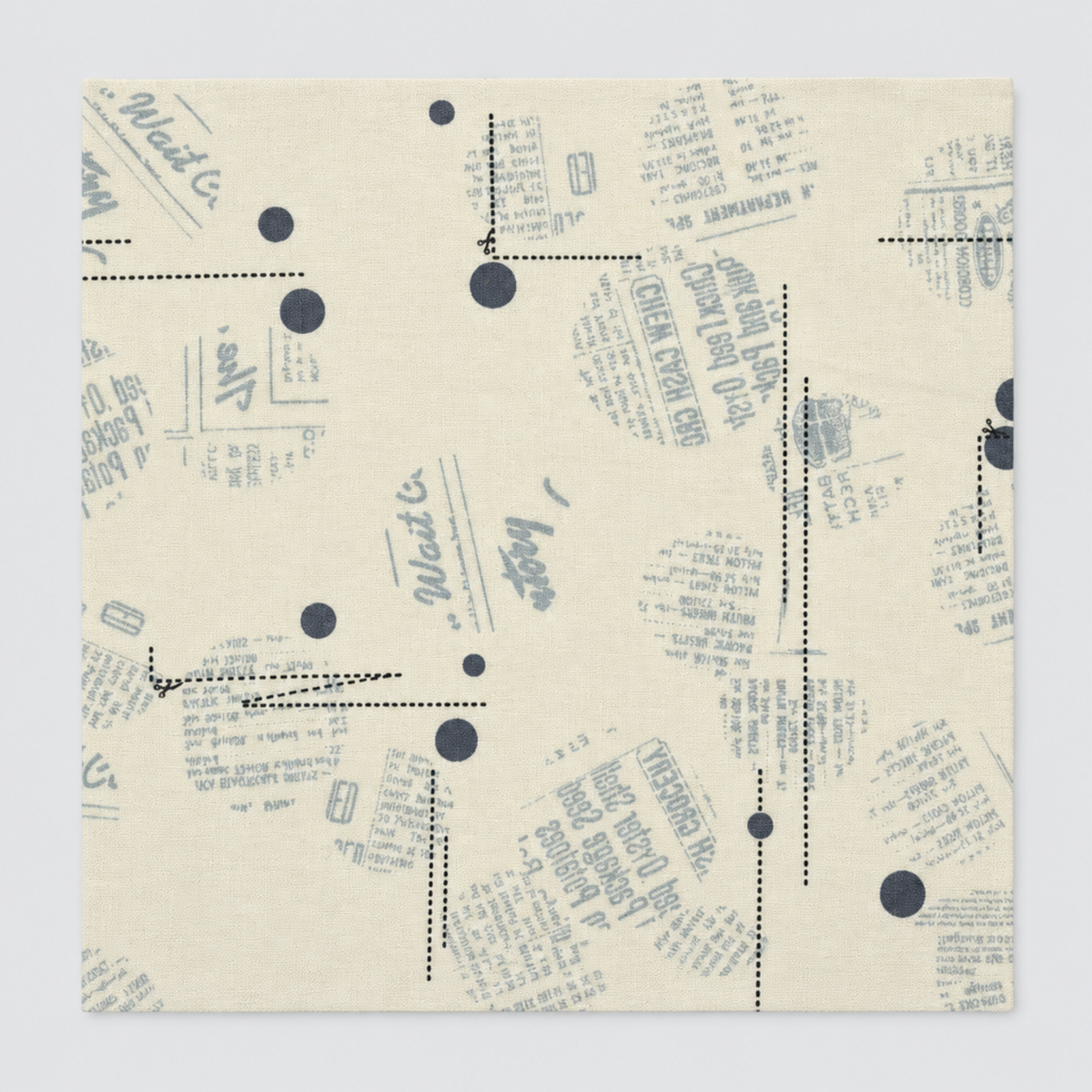 Flat swatch of Eggshell News Dropping fabric by Zen Chic for Moda Fabrics on a light gray background, showing its scattered newsprint-style print and charcoal dots.