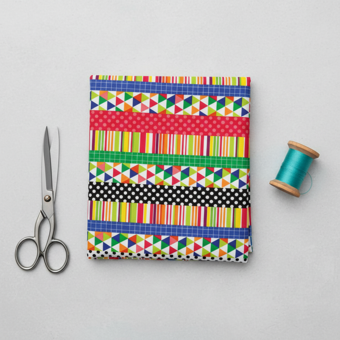 Safari Fun Playful Strip Multi quilting fabric folded flat with fabric scissors and teal thread spool on light grey background — bold geometric strip print by Terry Runyan for Benartex
