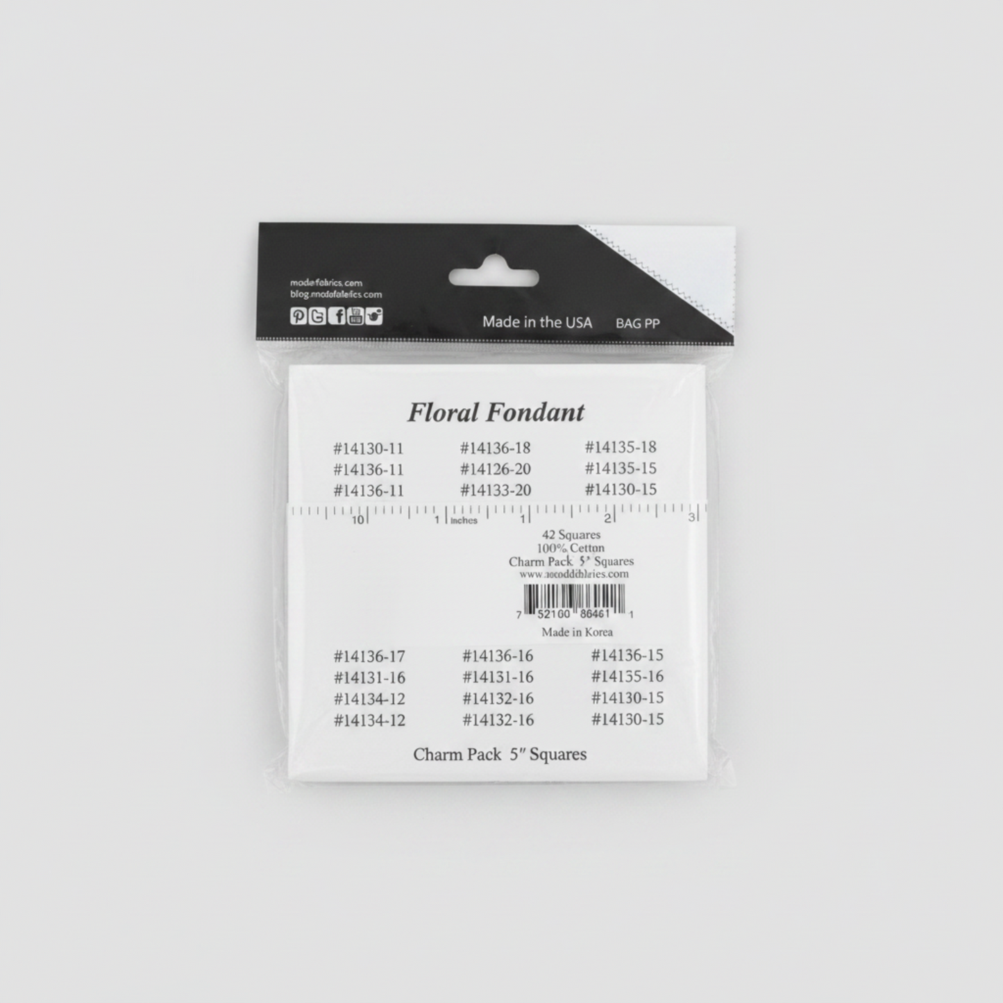 Floral Fondant Charm Pack back label by Linn Warme for Moda Fabrics – showing 42 fabric SKUs, barcode, 100% cotton, 5" squares, Charm Pack 5" Squares, Made in Korea