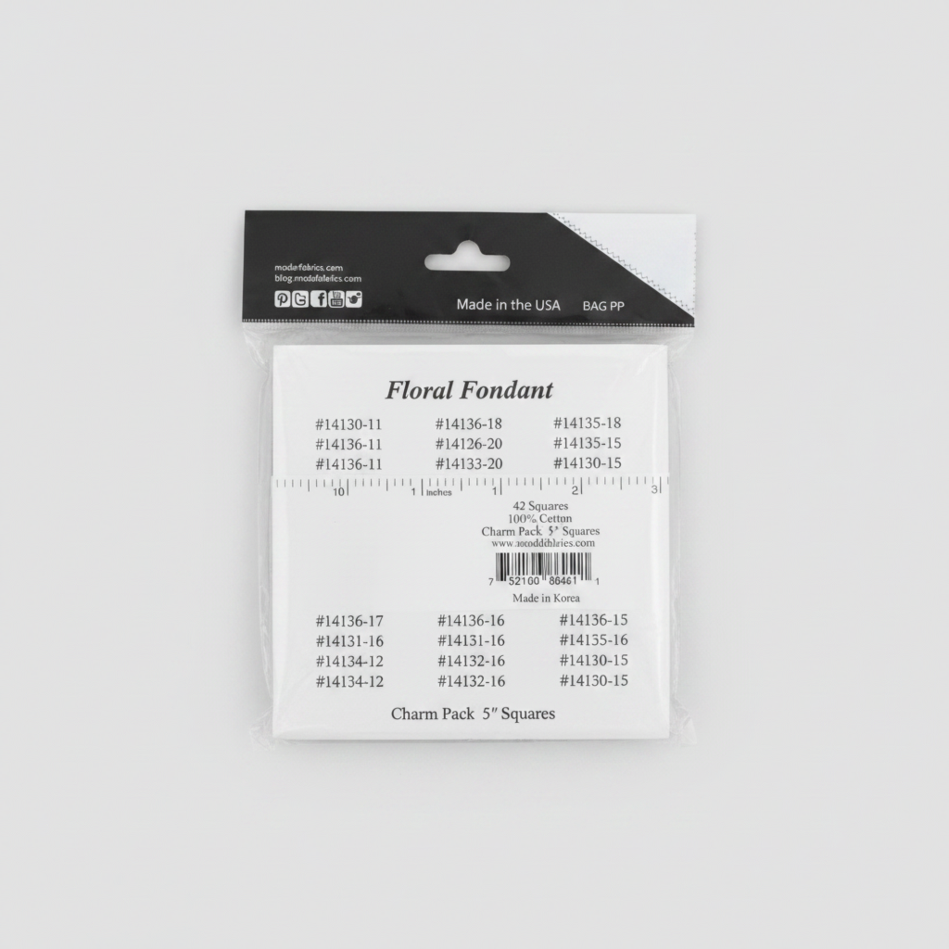 Floral Fondant Charm Pack back label by Linn Warme for Moda Fabrics – showing 42 fabric SKUs, barcode, 100% cotton, 5" squares, Charm Pack 5" Squares, Made in Korea
