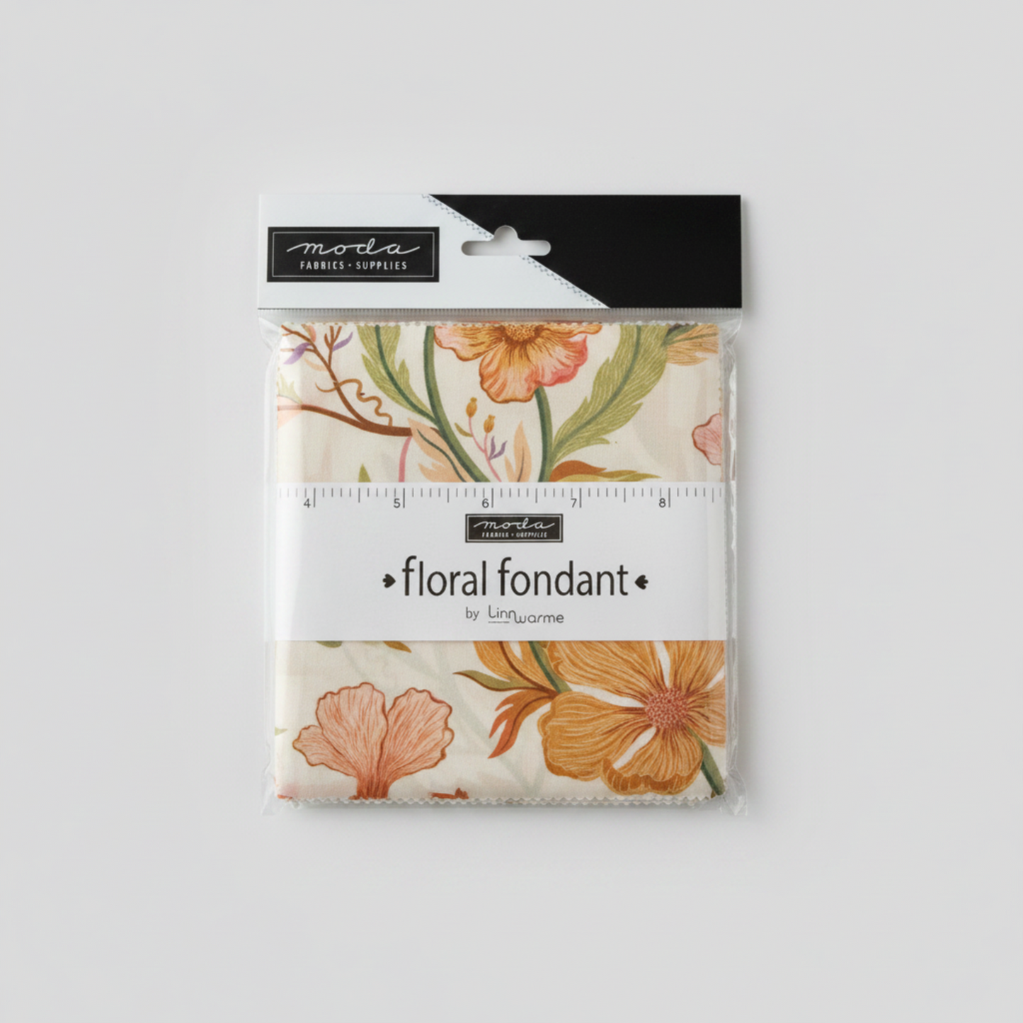 Floral Fondant Charm Pack by Linn Warme for Moda Fabrics – factory-sealed 42-piece 5" x 5" cotton charm squares featuring large-scale botanical prints in terracotta, blush pink and sage green on cream