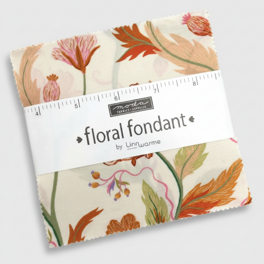 Floral Fondant Charm Pack by Linn Warme for Moda Fabrics – 42 pre-cut 5" x 5" cotton charm squares featuring large-scale botanical prints with thistles, tulips and wildflowers in terracotta, rust, blush pink and sage green on cream
