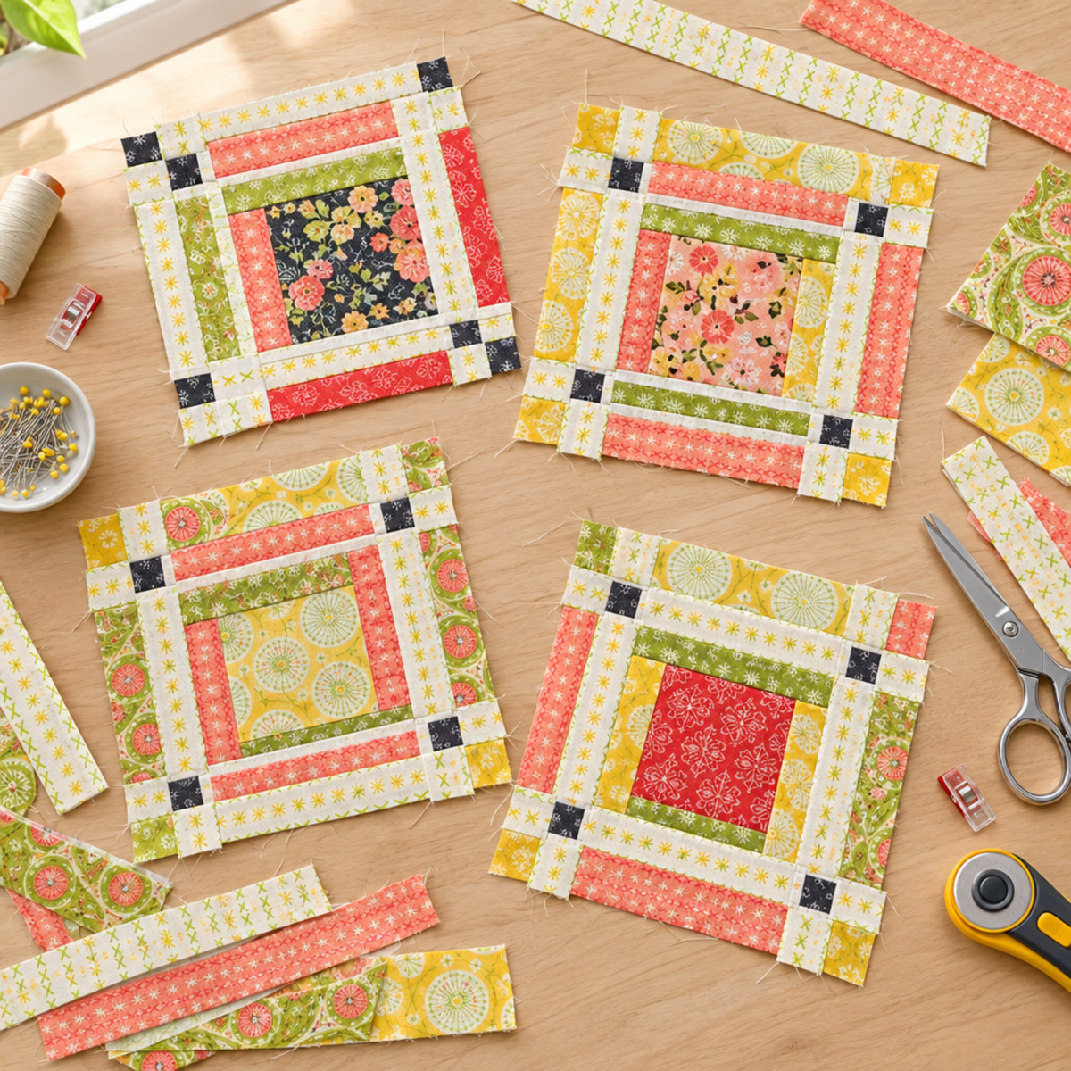 Unfinished Fringe-inspired quilt blocks on a sewing table, with Dandi Duo Cream strips, colorful fabric scraps, pins, and cutting tools. Blocks shown for inspiration; the pattern is not included with the fabric.