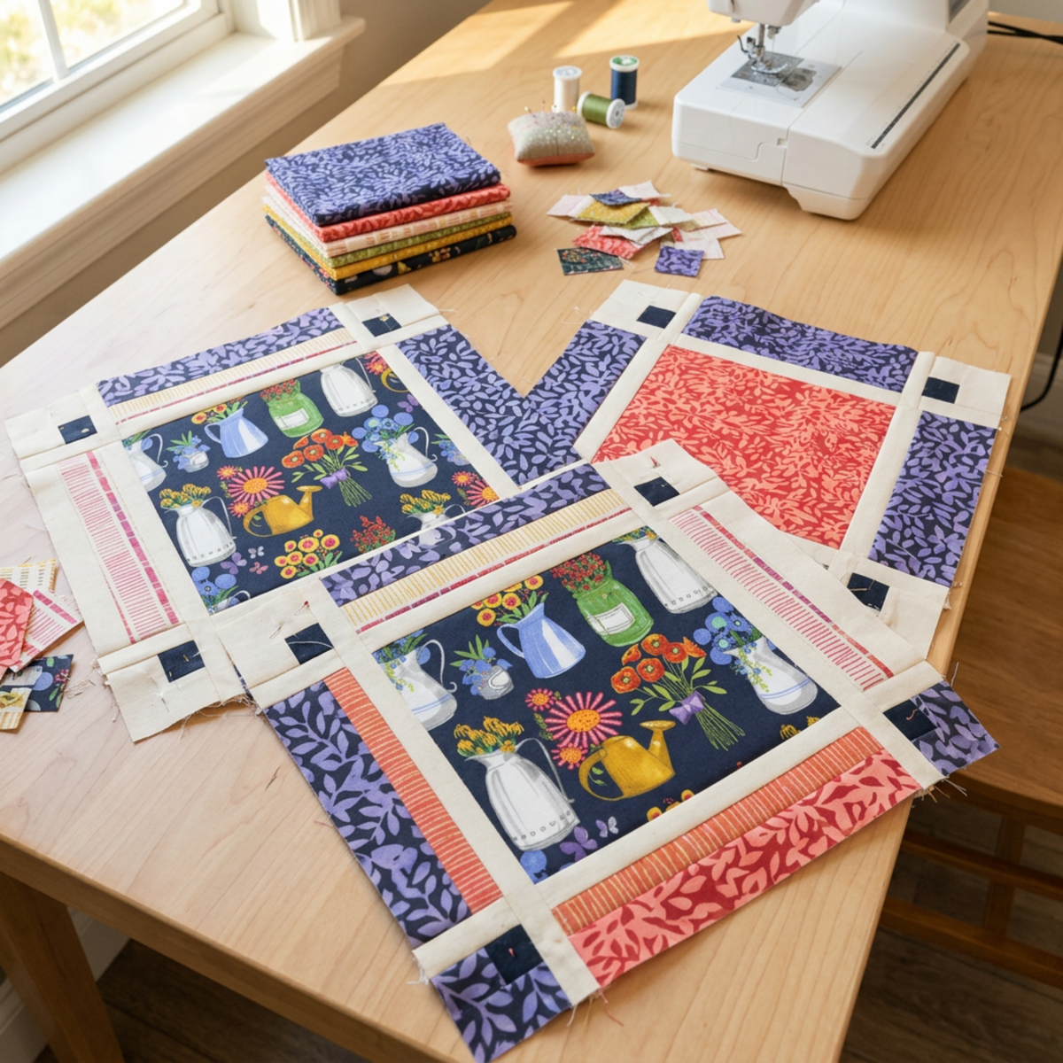 Fringe-inspired quilt blocks featuring Superbloom Flea Market Vases Indigo and coordinating leafy and striped fabrics on a sunlit sewing table, with a folded fabric stack, remnants, thread, and sewing machine. Quilt blocks shown for inspiration. Coordinating fabrics and quilt patterns are available at IraRobi Quilts.