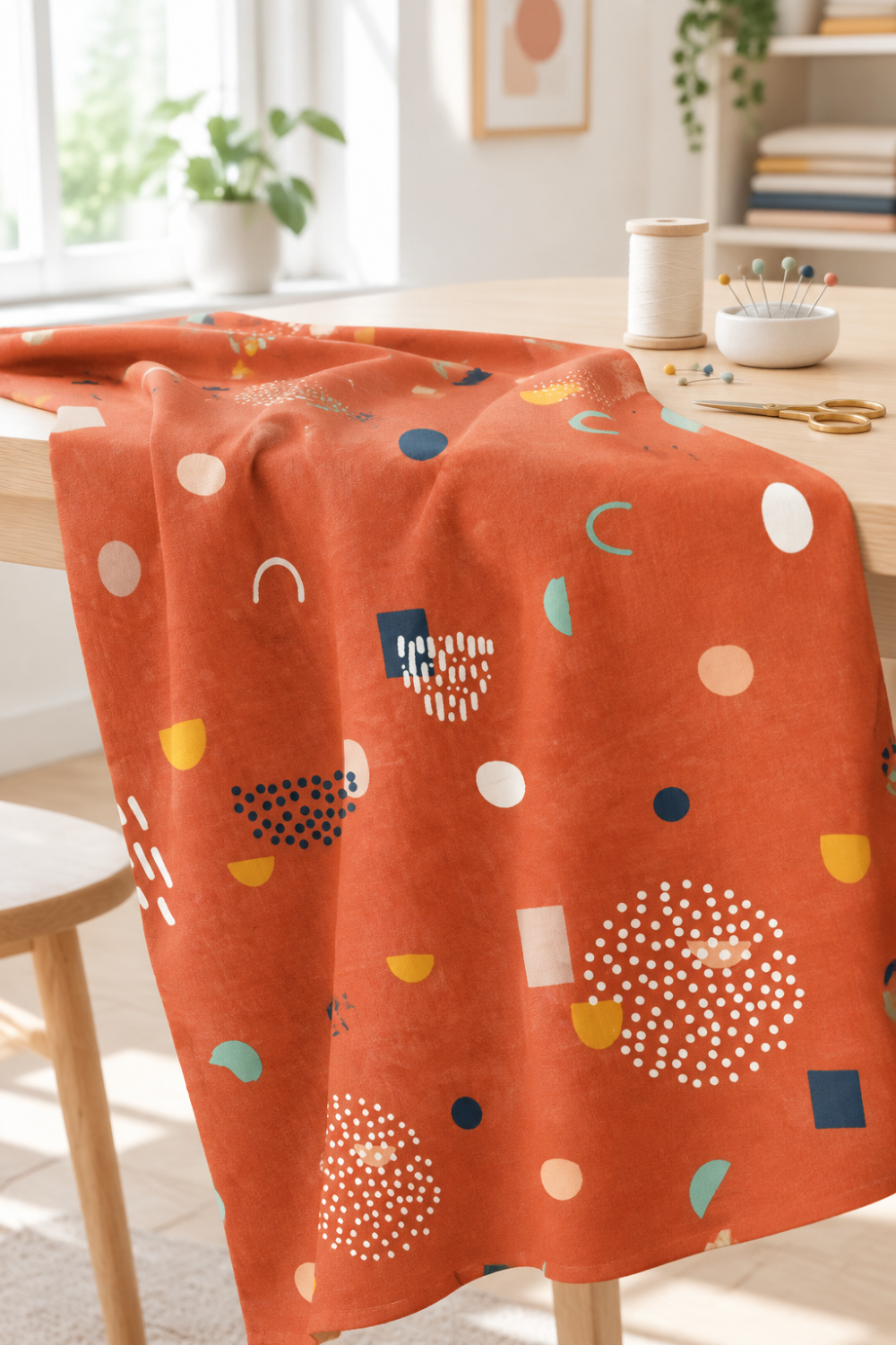 Frisky Catch Me Cheeky fabric by Zen Chic for Moda Fabrics draped over a wooden sewing table in a bright studio with thread, pins, and scissors. Available at IraRobi Quilts.