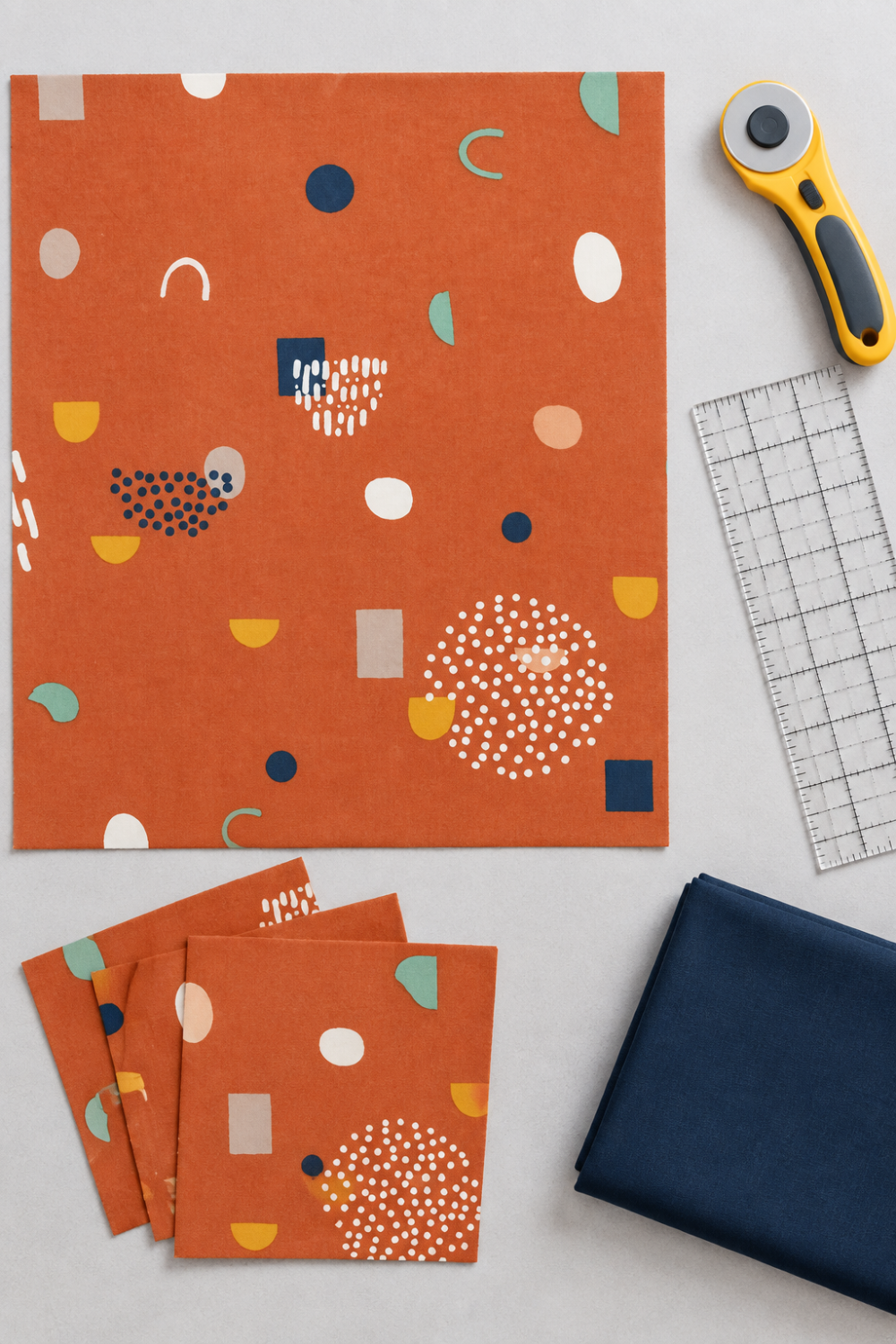 Frisky Catch Me Cheeky fabric by Zen Chic for Moda Fabrics laid flat with cut squares, a rotary cutter, a clear quilting ruler, and a folded navy coordinating fabric. Available at IraRobi Quilts.
