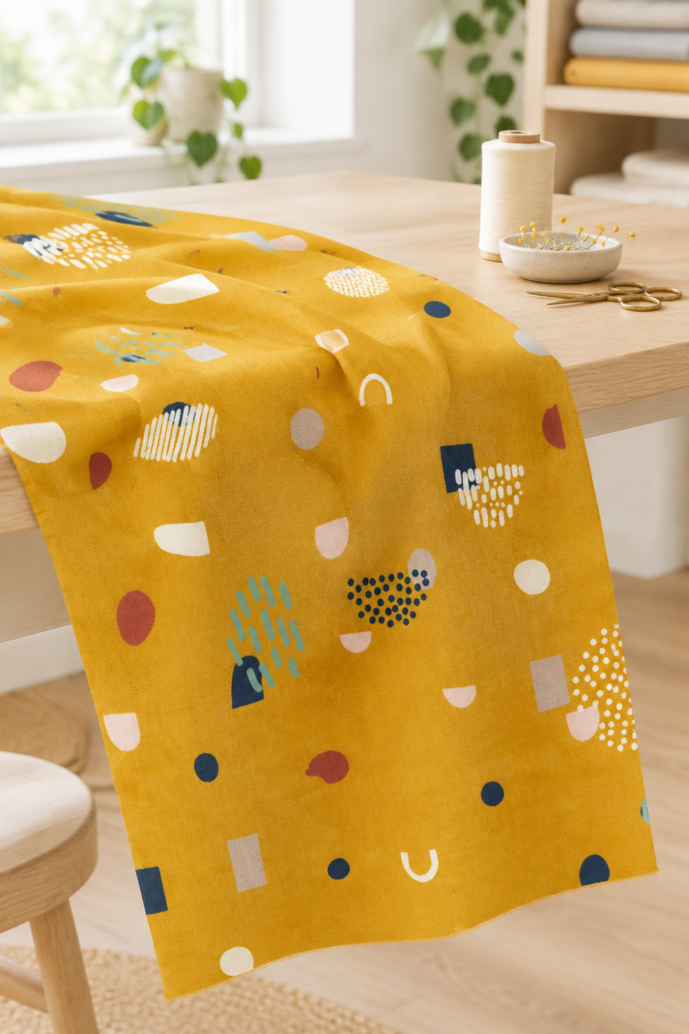 Frisky Catch Me Sunny fabric by Zen Chic for Moda Fabrics draped over a wooden sewing table in a bright studio with thread, a pin dish, and scissors. Available at IraRobi Quilts.